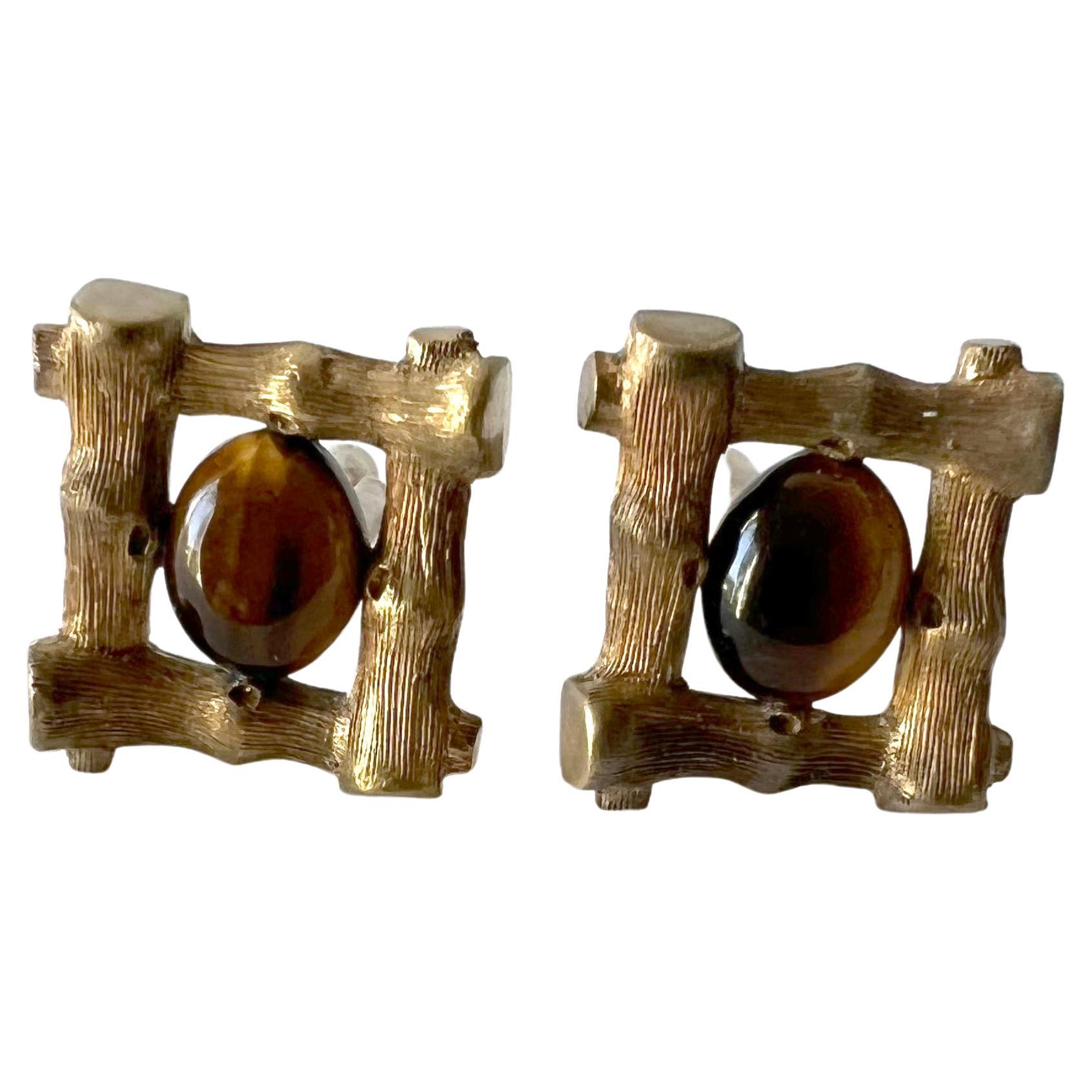 Antonio Pineda Sterling Vermeil and Tiger Eye Bamboo Design Cufflinks For Sale