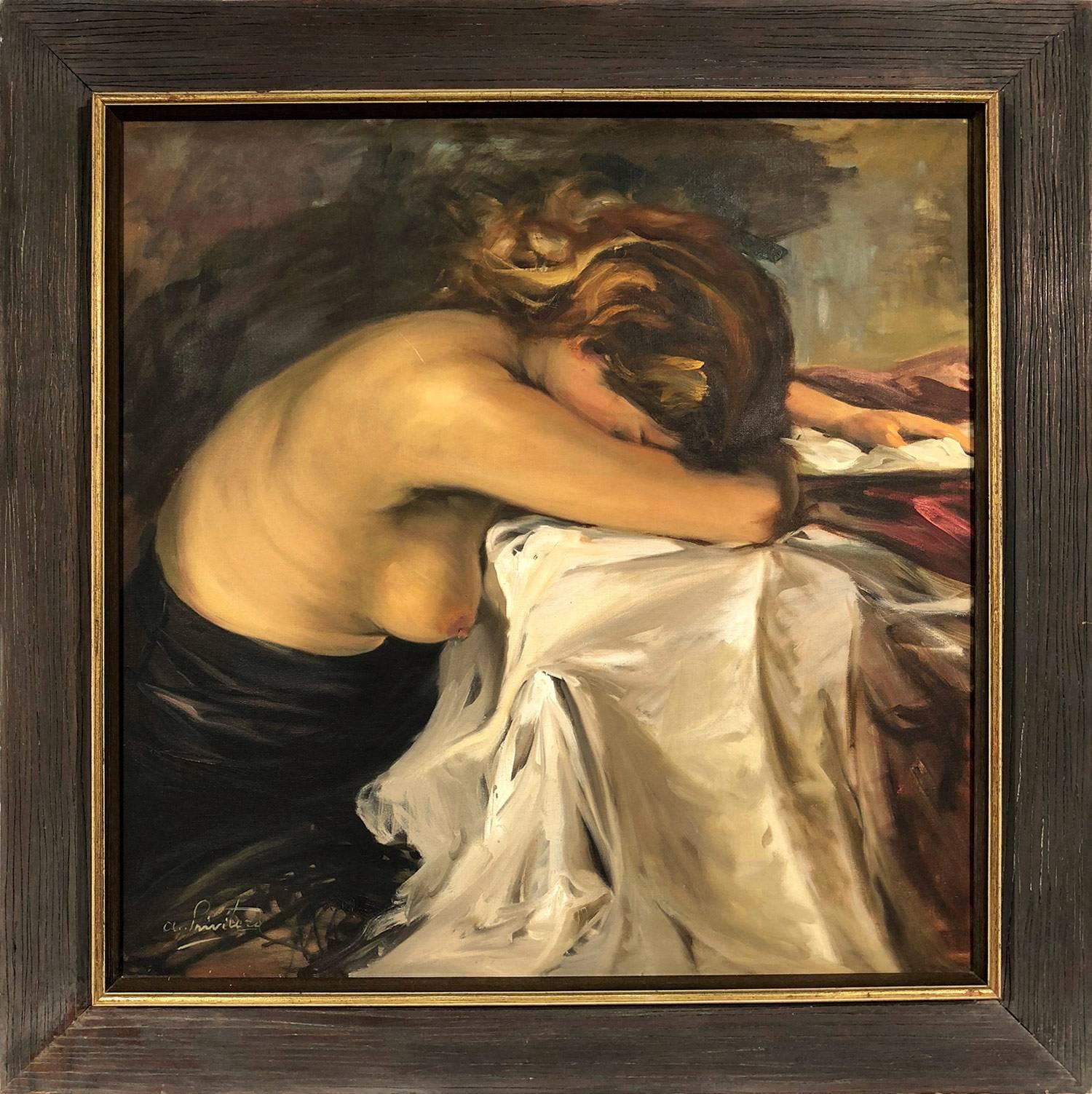 "Abbandonata" Nude Portrait of a Woman Oil on Board Painting by Italian Artist