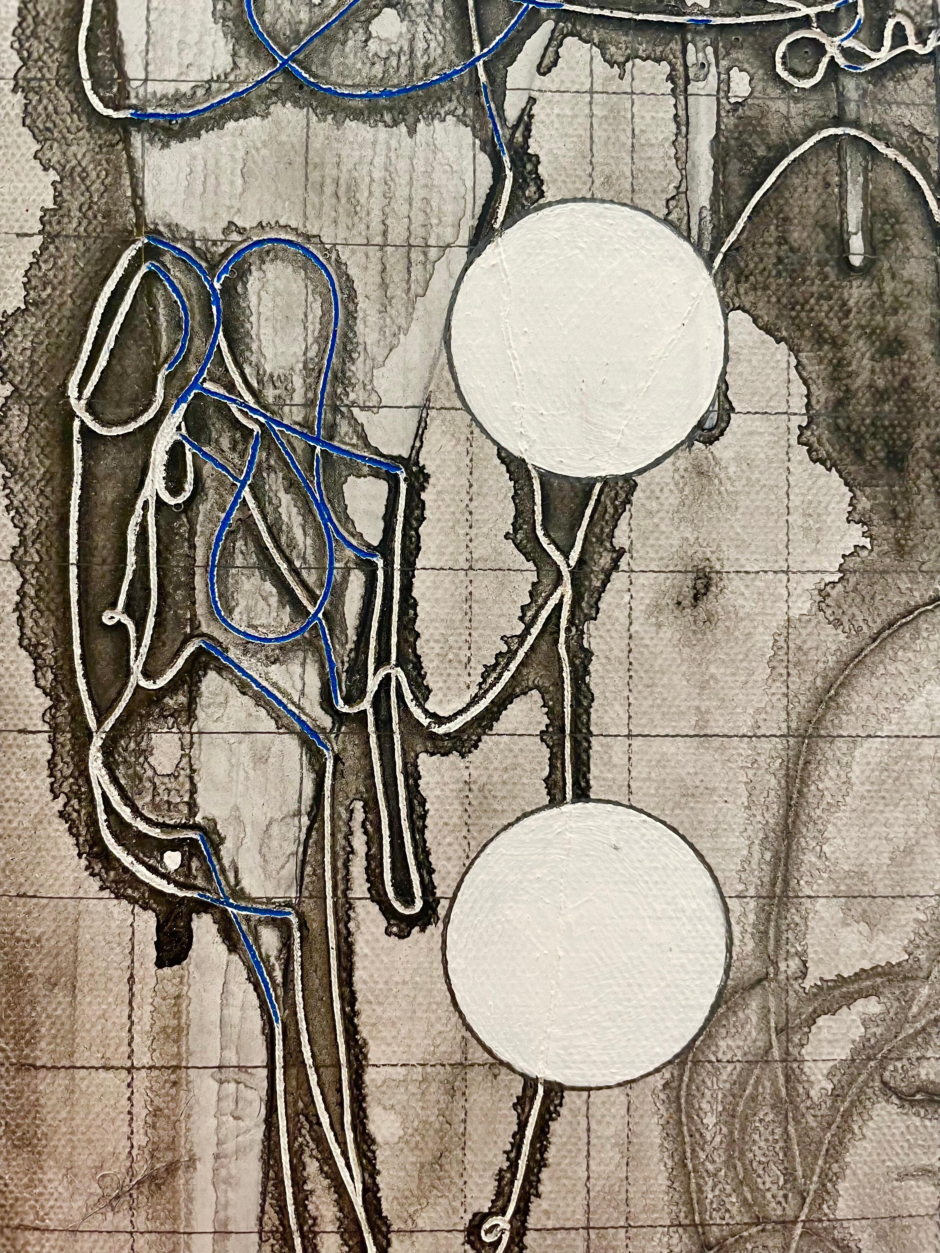 100 Lives: abstract painting on canvas in blue & gray w/ circles & grid - Painting by Antonio Puri