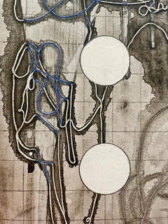 100 Lives: abstract painting on canvas in blue & gray w/ circles & grid