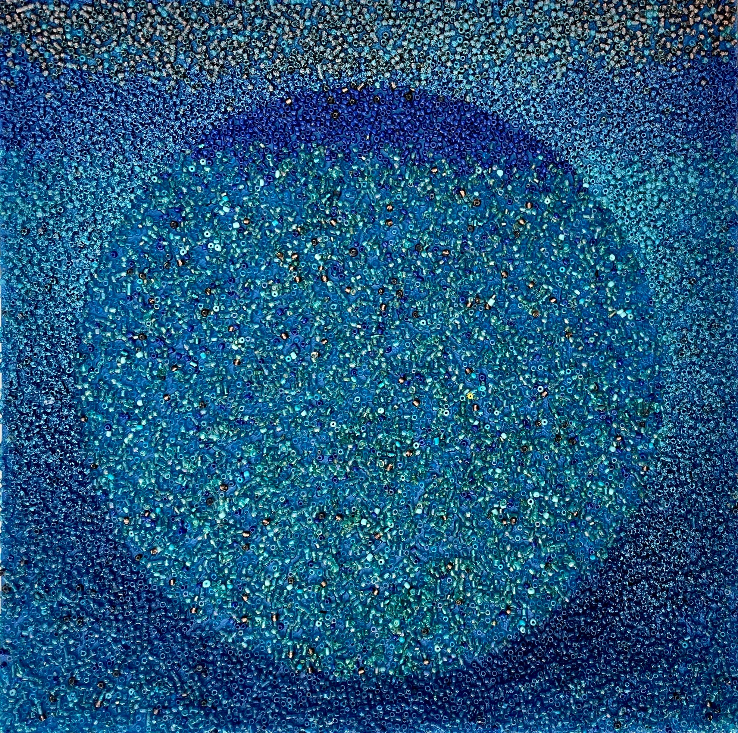 100 Lives : peinture abstraite sur toile bleue et grise avec cercles et grille en vente 2