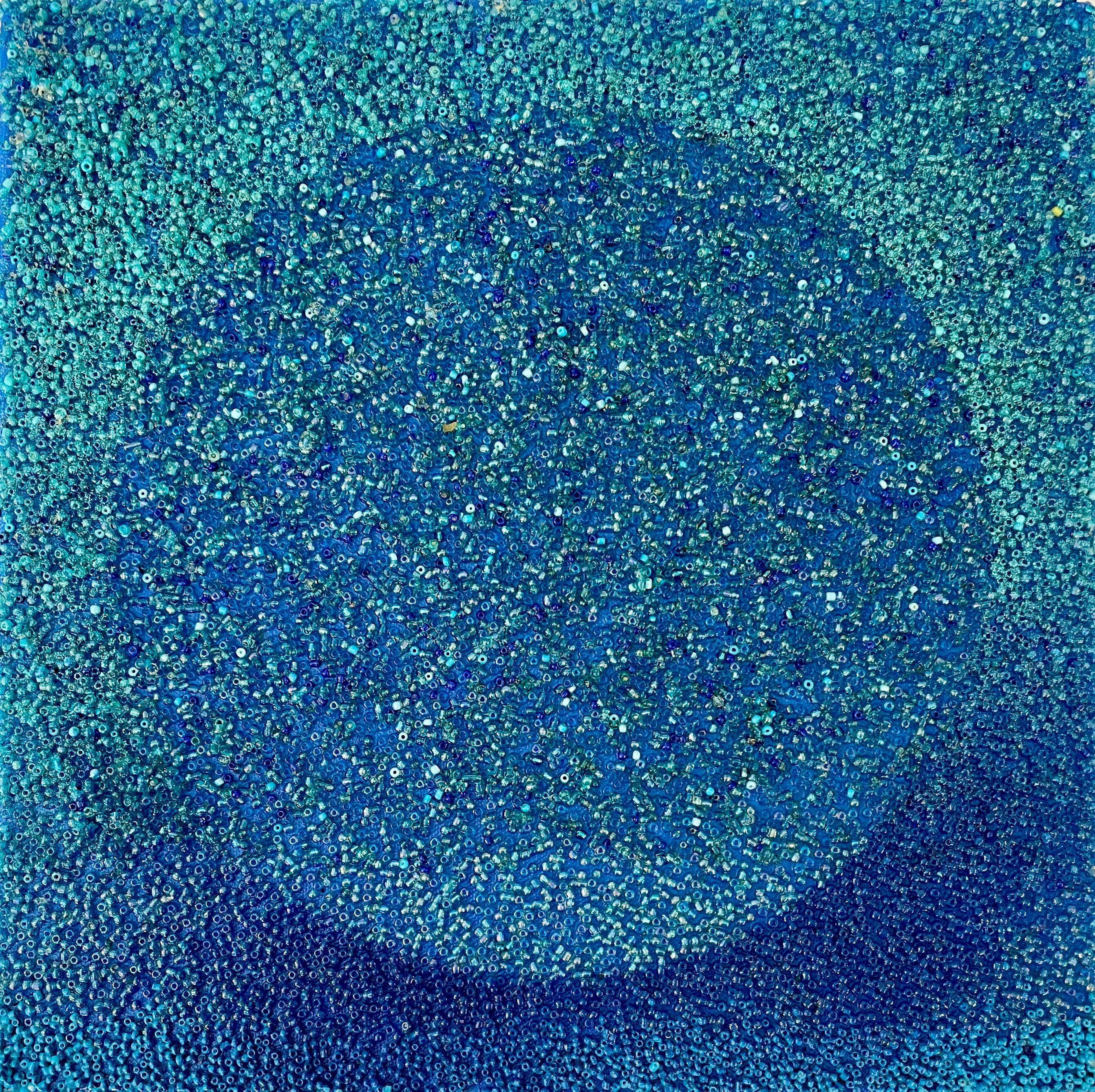 100 Lives : peinture abstraite sur toile bleue et grise avec cercles et grille en vente 3