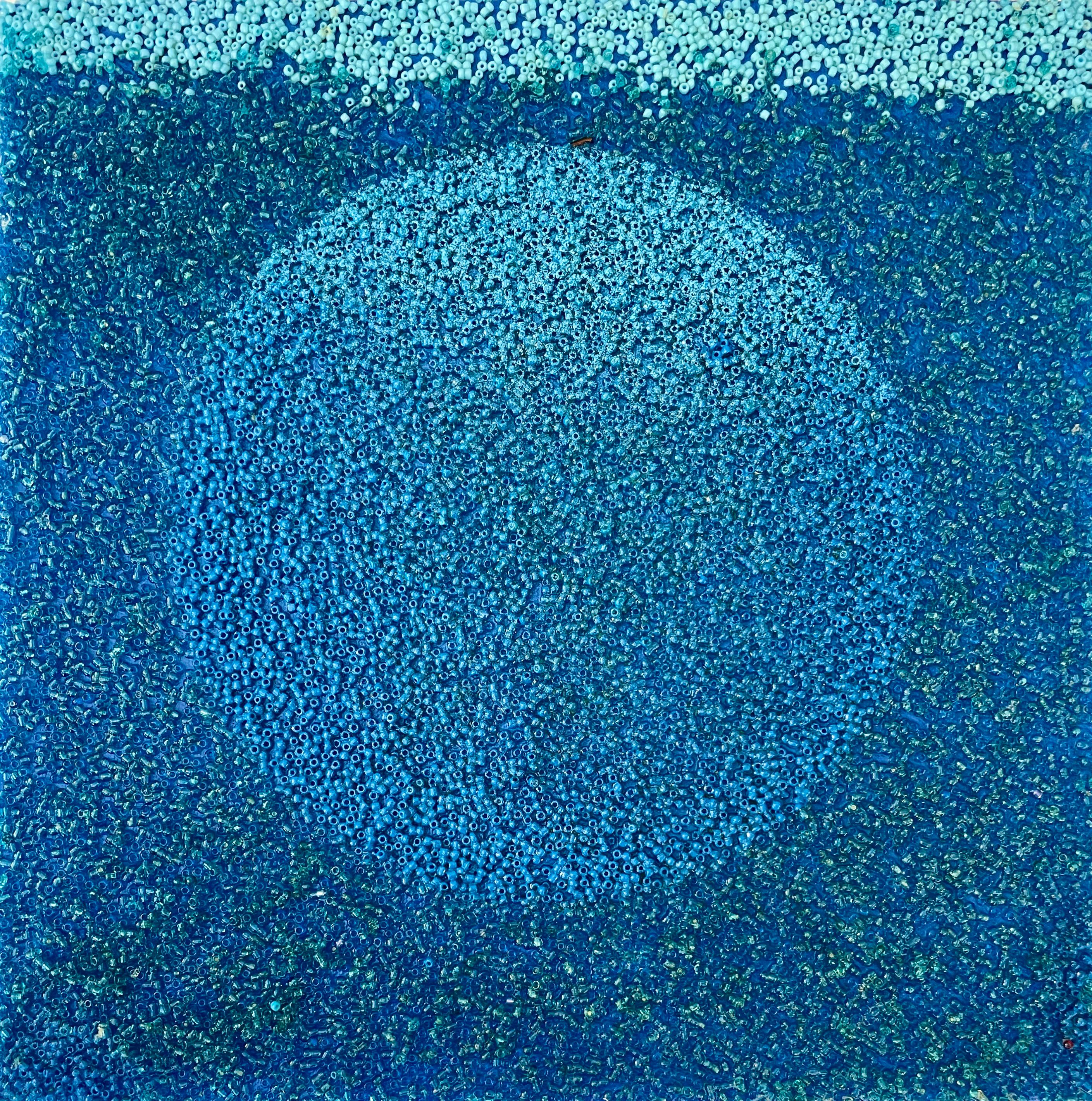 100 Lives : peinture abstraite sur toile bleue et grise avec cercles et grille en vente 4
