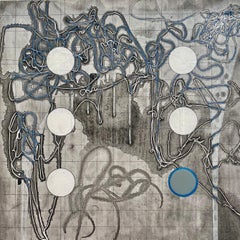 100 Lives: abstract painting on canvas in blue & gray w/ circles & grid