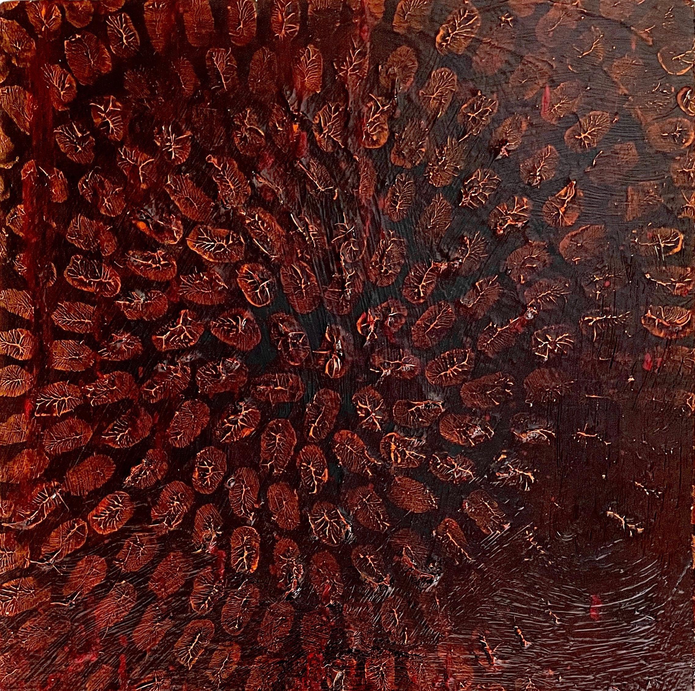 Antonio Puri Abstract Painting - Centered: abstract painting on canvas, dark earth tones & gold w/ circle mandala