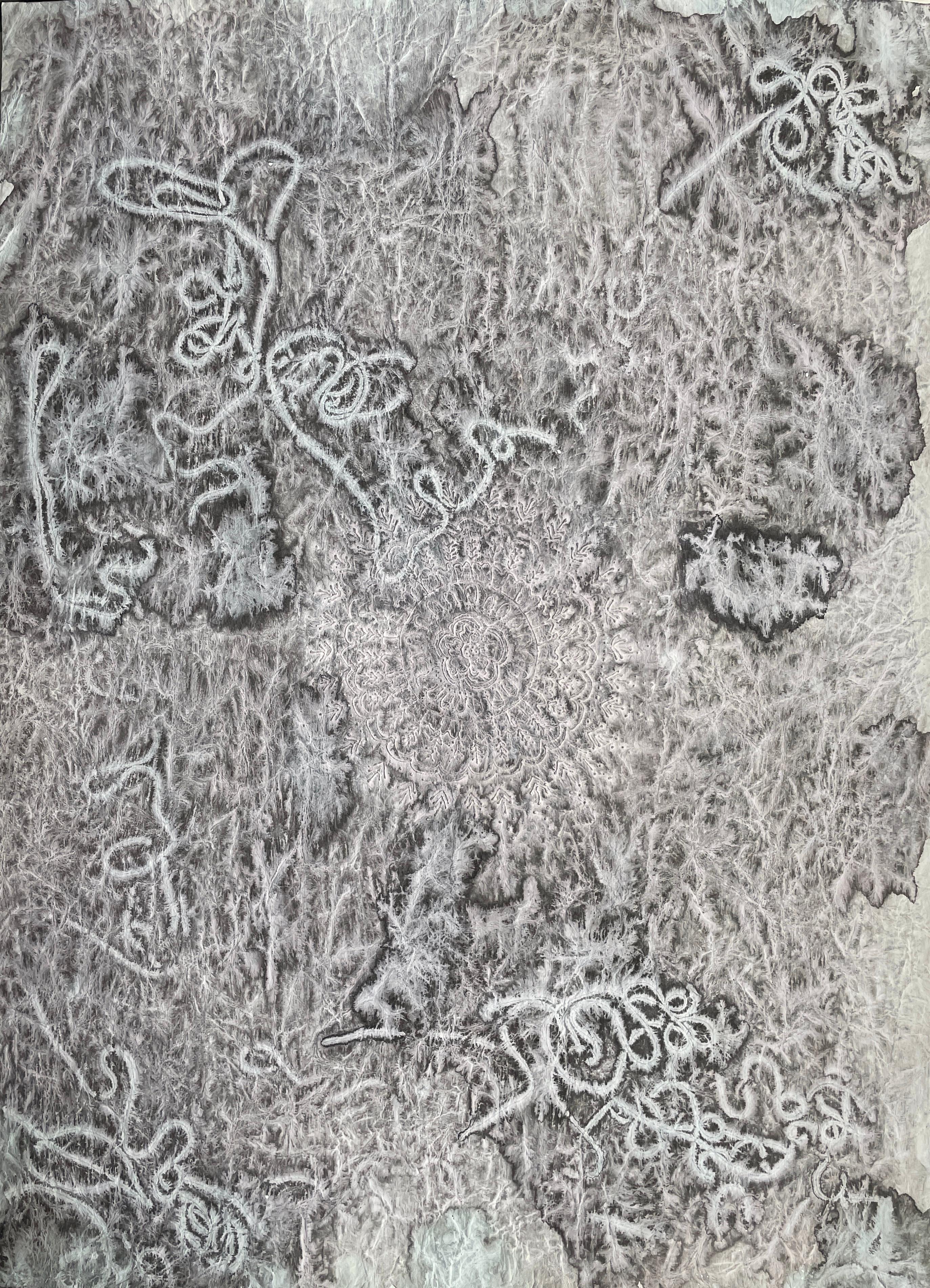 Antonio Puri Abstract Painting - Cincuenta 4: sumi ink painting on handmade paper from India w/ circle medallion