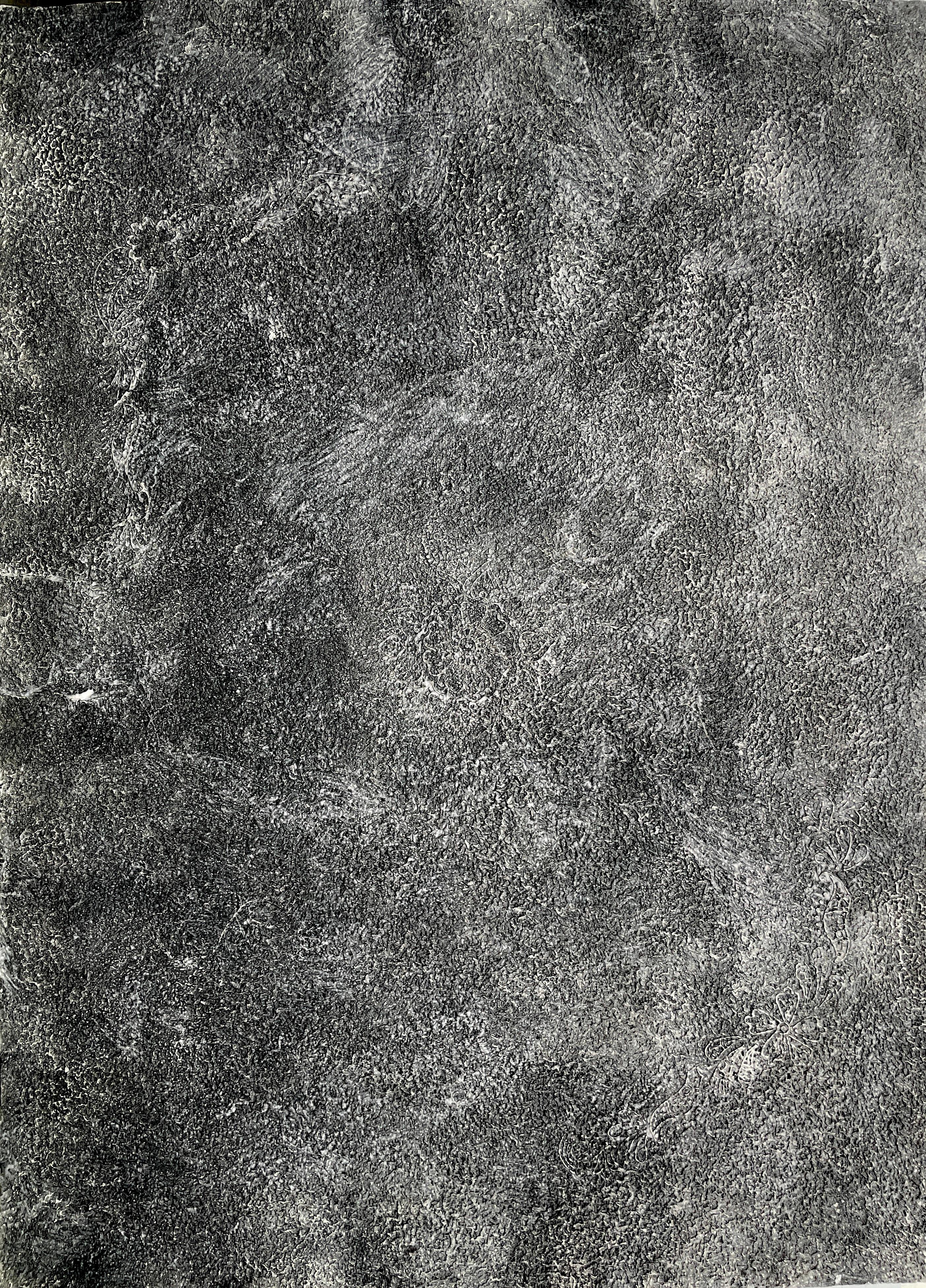 Abstract Painting di Antonio Puri - Cincuenta 5: dipinto astratto su carta fatta a mano dall'India, nero con fiori