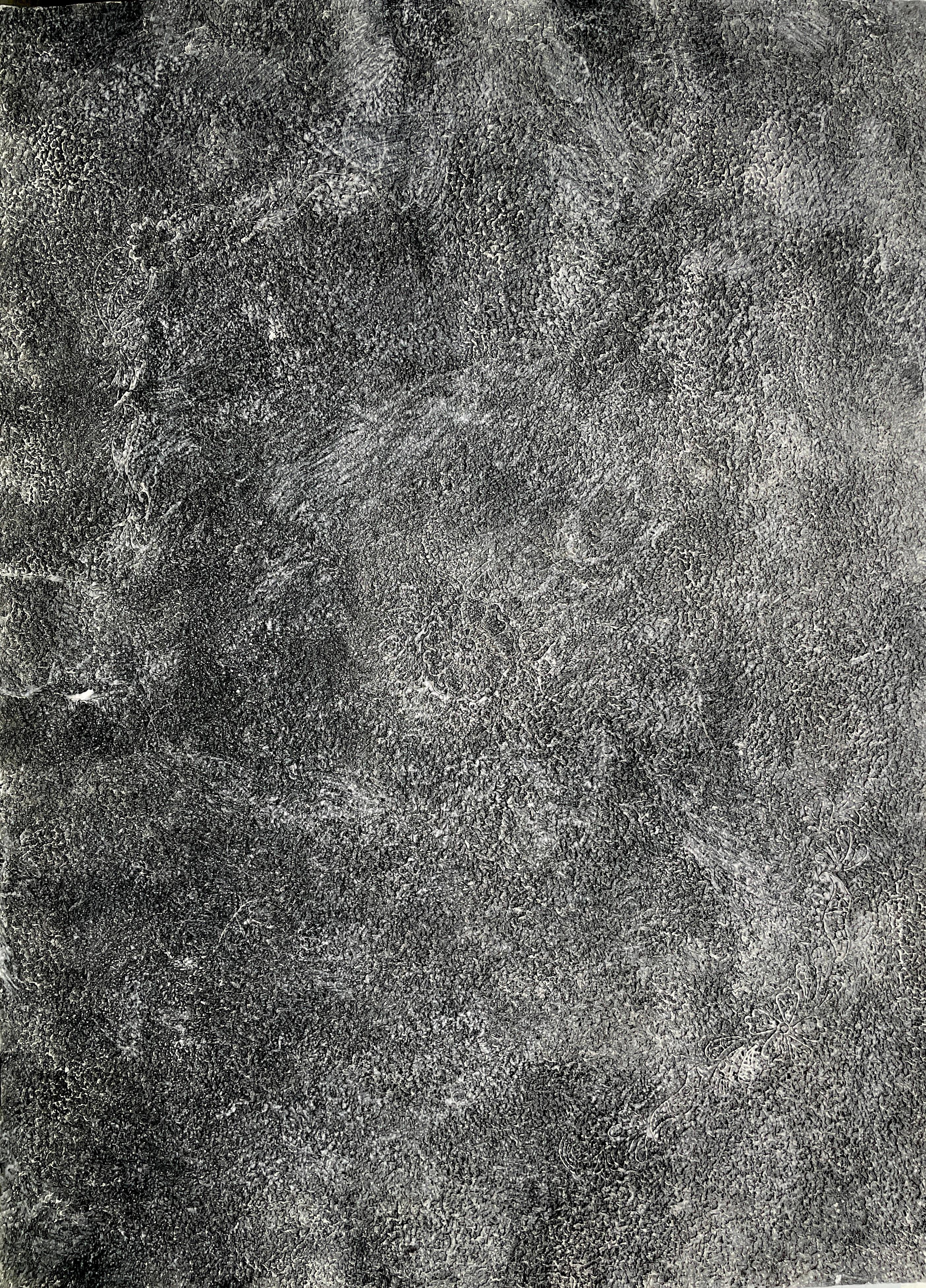 Antonio Puri Abstract Painting - Cincuenta 5: abstract painting on handmade paper from India, black w/ flowers