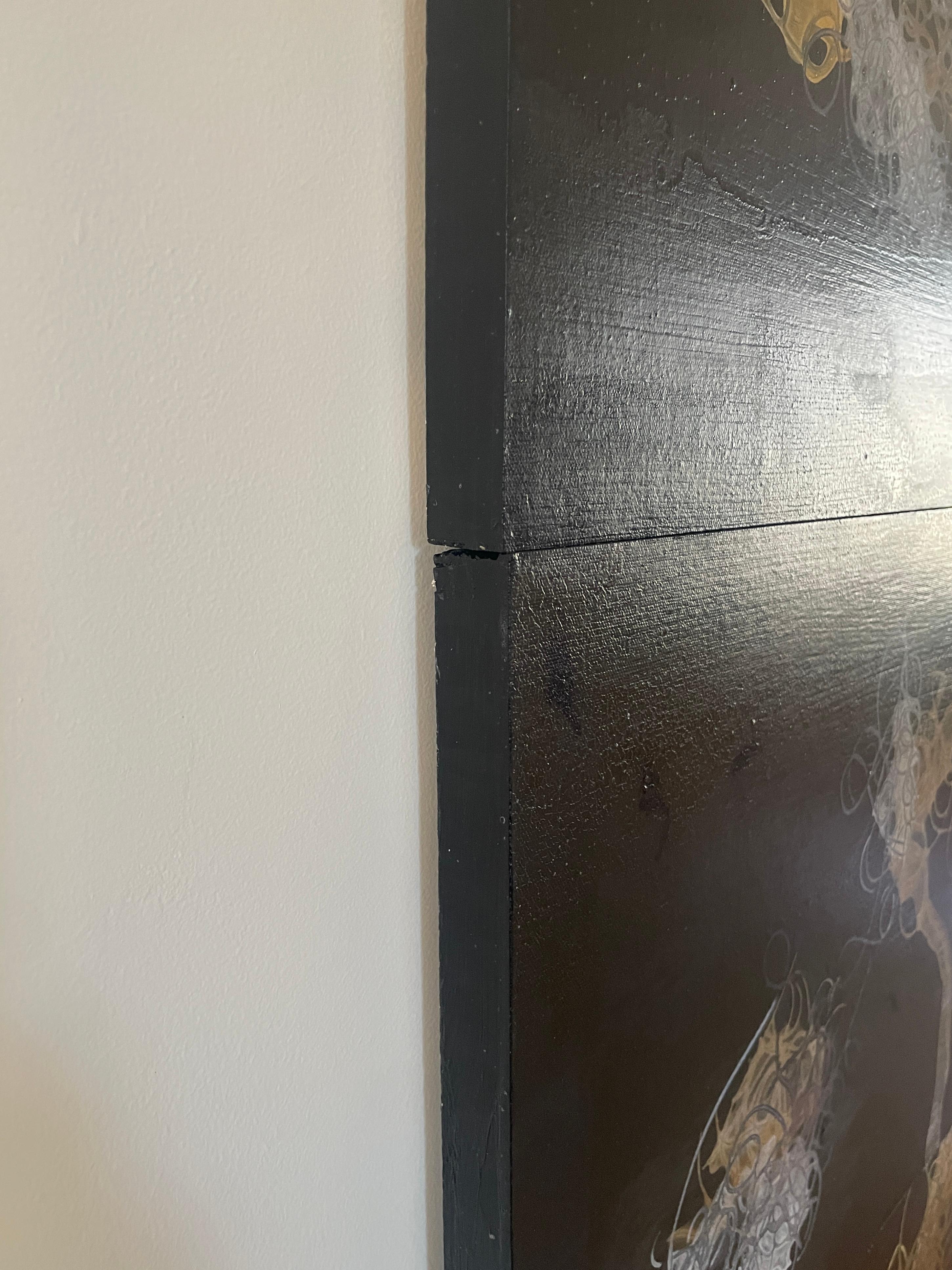 Dark Strings: large abstract multi-panel painting by Indian artist, black & gold For Sale 5