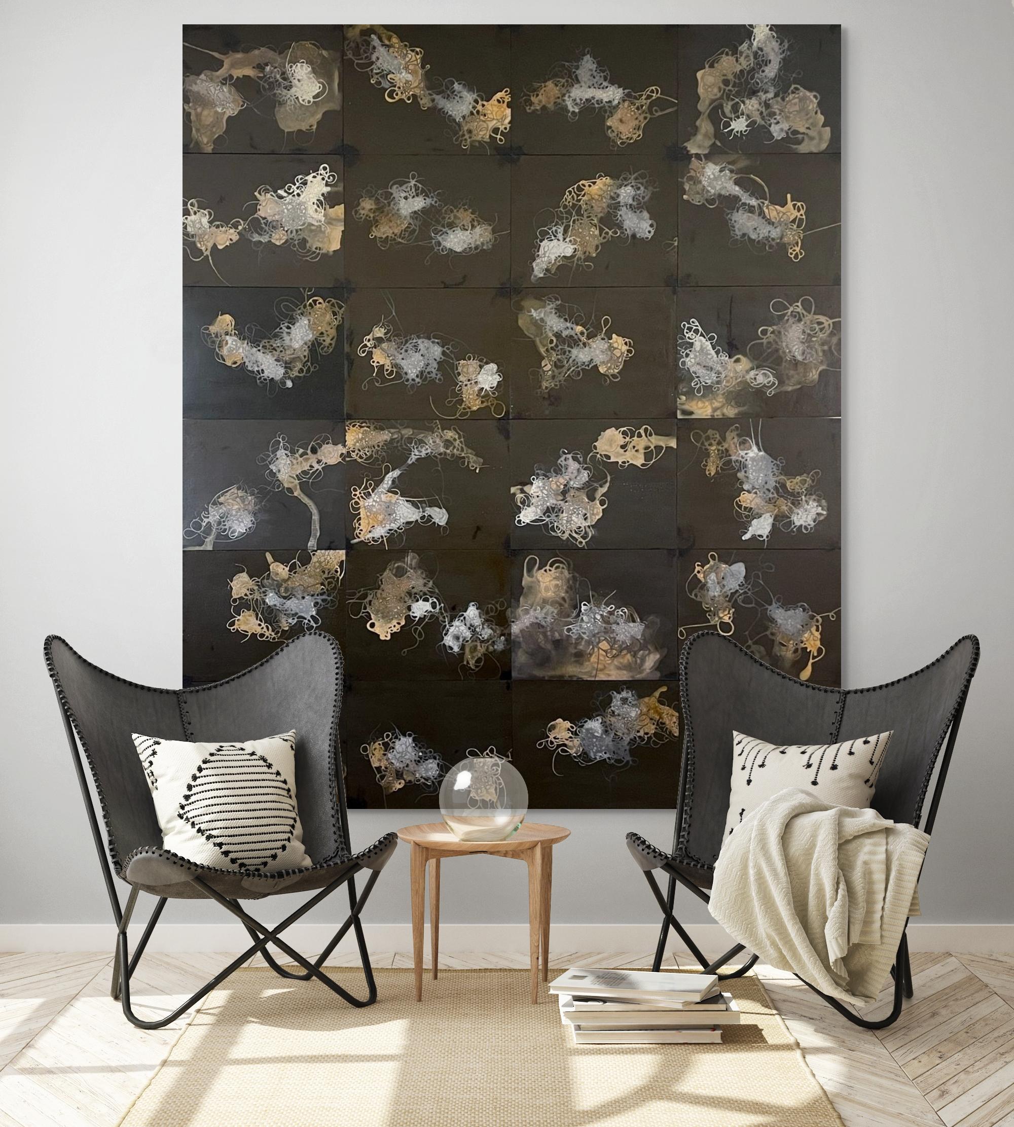 Dark Strings: large abstract multi-panel painting by Indian artist, black & gold - Painting by Antonio Puri