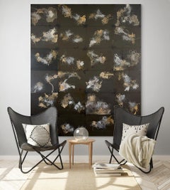 Dark Strings: large abstract multi-panel painting by Indian artist, black & gold