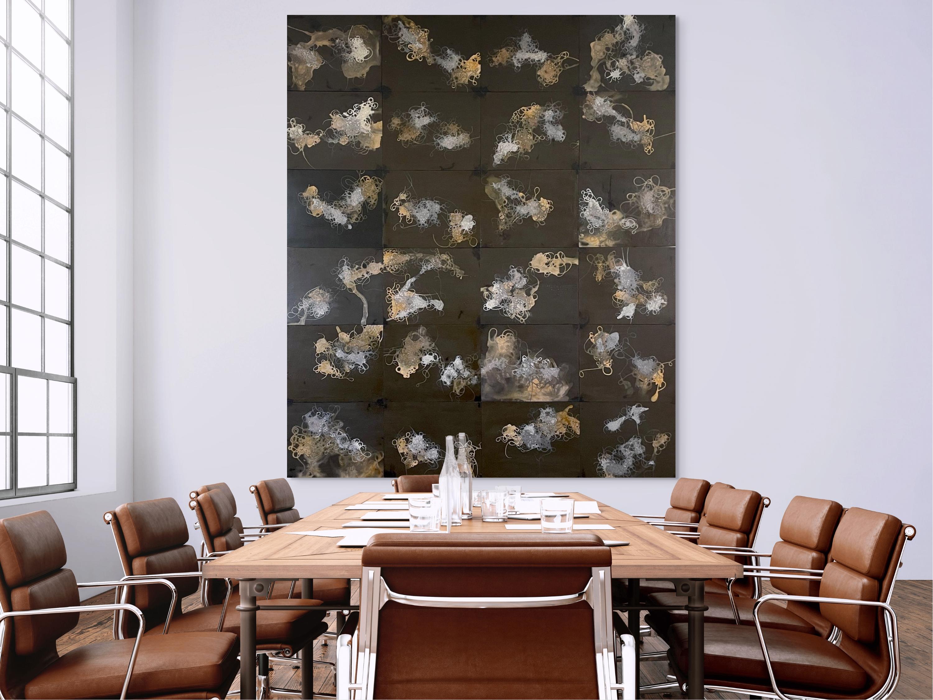 Dark Strings: large abstract multi-panel painting by Indian artist, black & gold - Abstract Painting by Antonio Puri