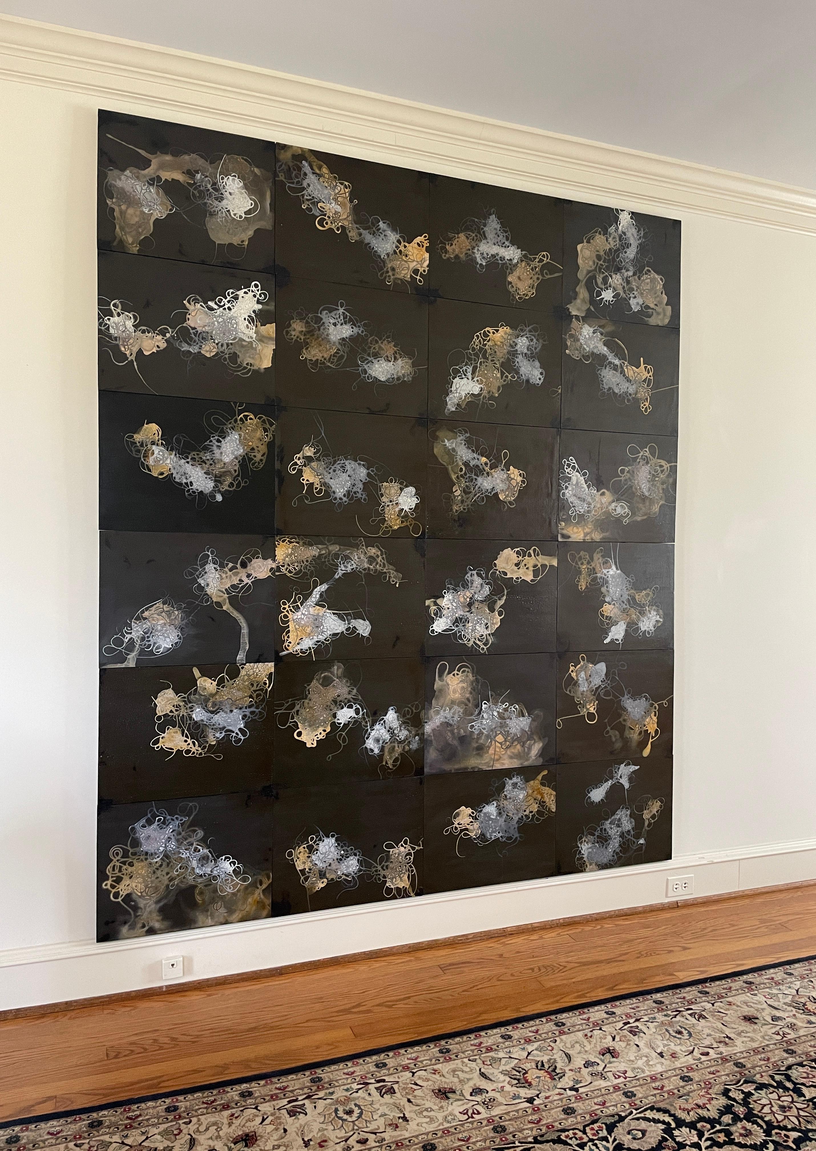 Dark Strings: large abstract multi-panel painting by Indian artist, black & gold - Black Abstract Painting by Antonio Puri