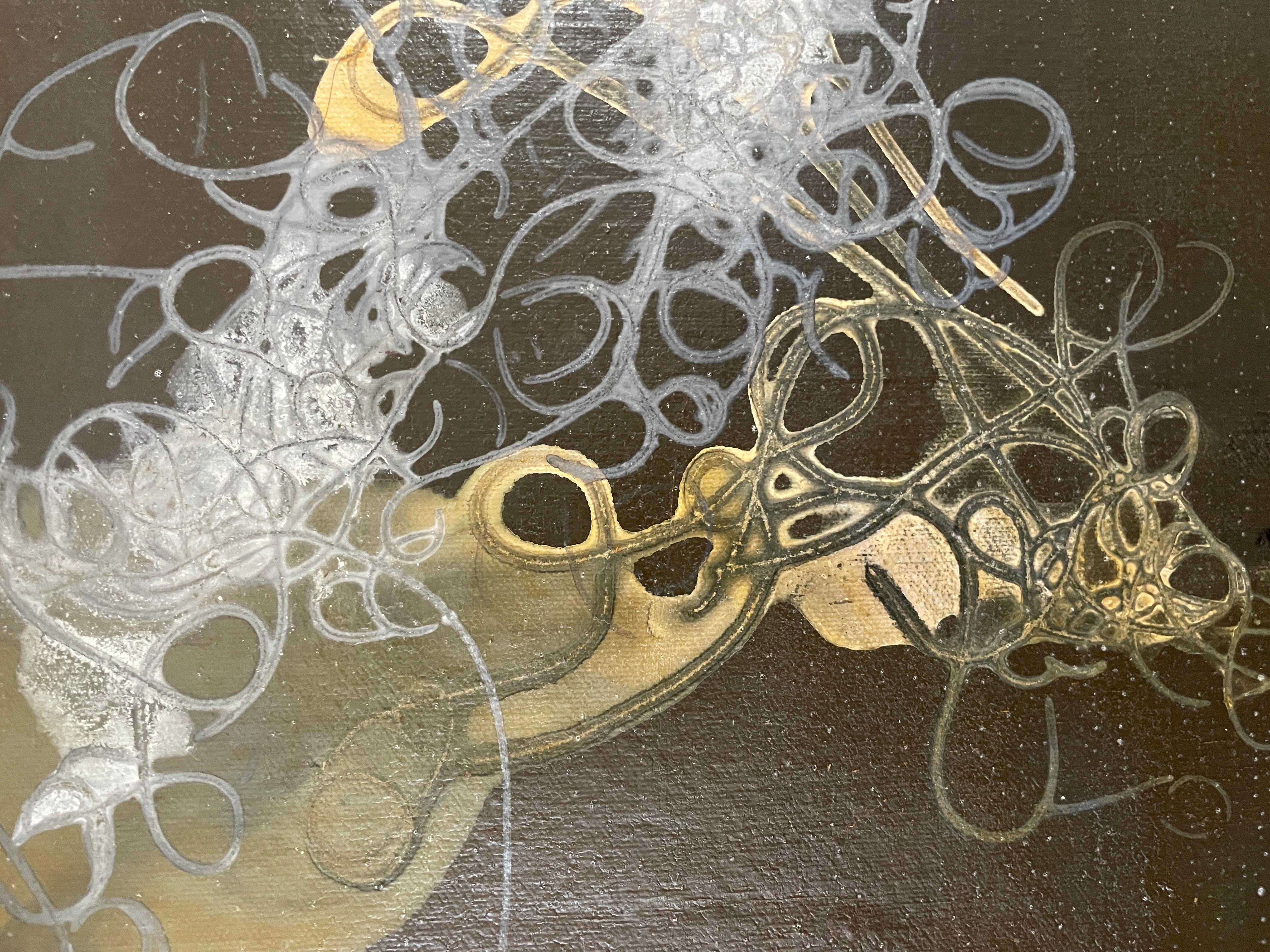 This is a large, multi-piece painting (acrylic on canvas mounted on 24 separate wood panels) in a range of dark colors - black, gray (grey), raw umber -- with flowing, organic details (fine lines and delicate pools of paint) in white and gold. The