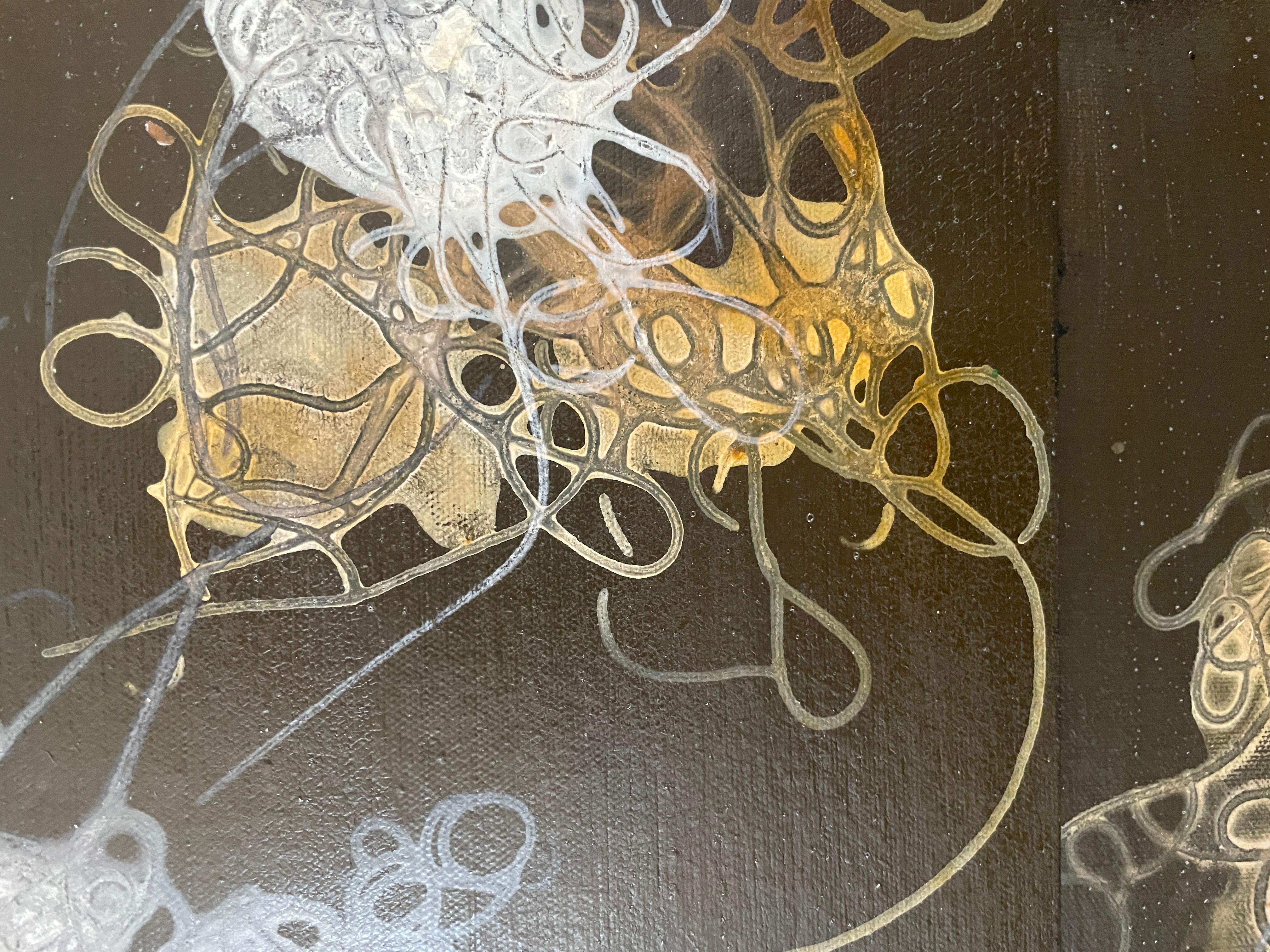Dark Strings: large abstract multi-panel painting by Indian artist, black & gold For Sale 1