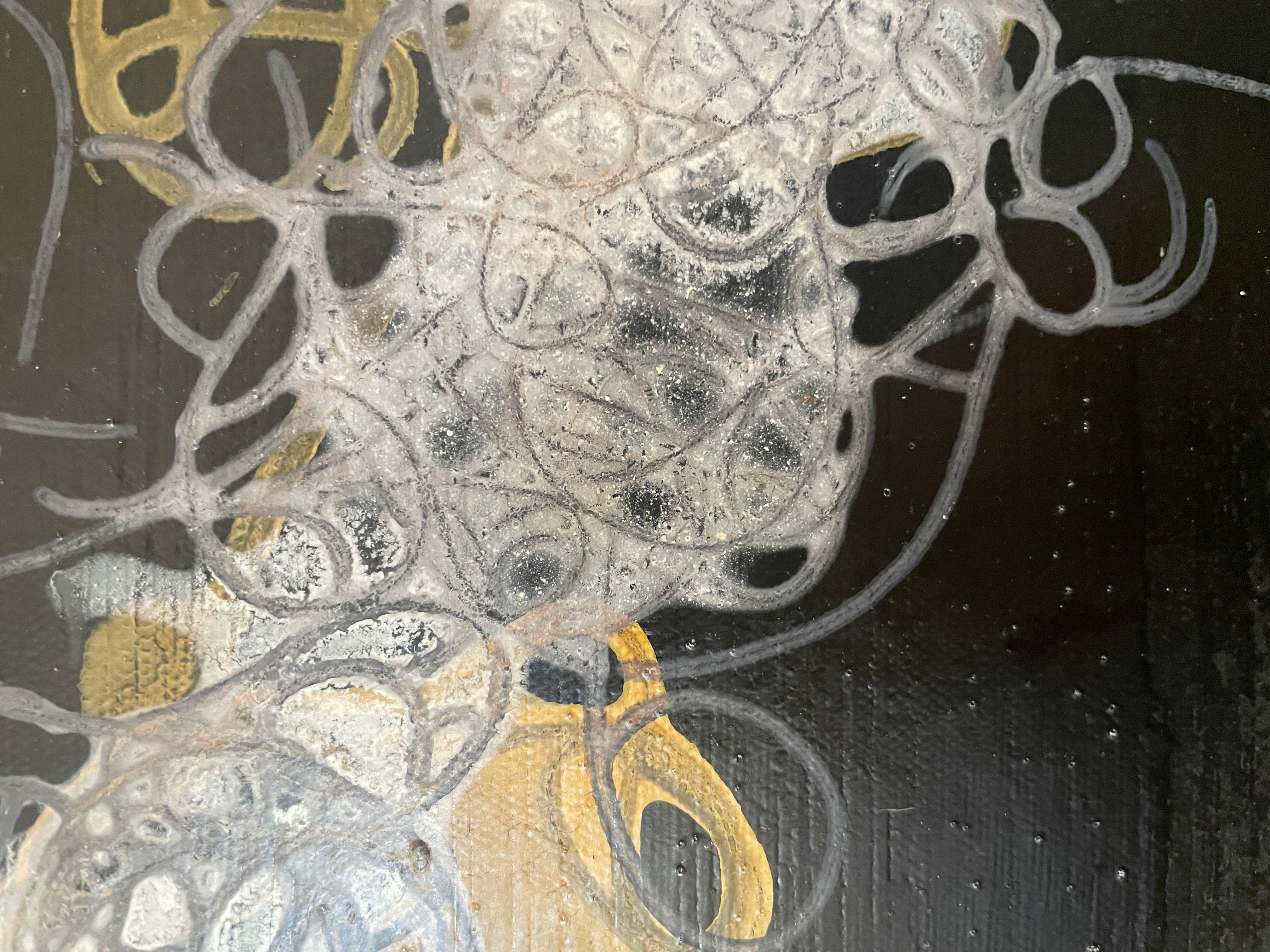 Dark Strings: large abstract multi-panel painting by Indian artist, black & gold For Sale 2