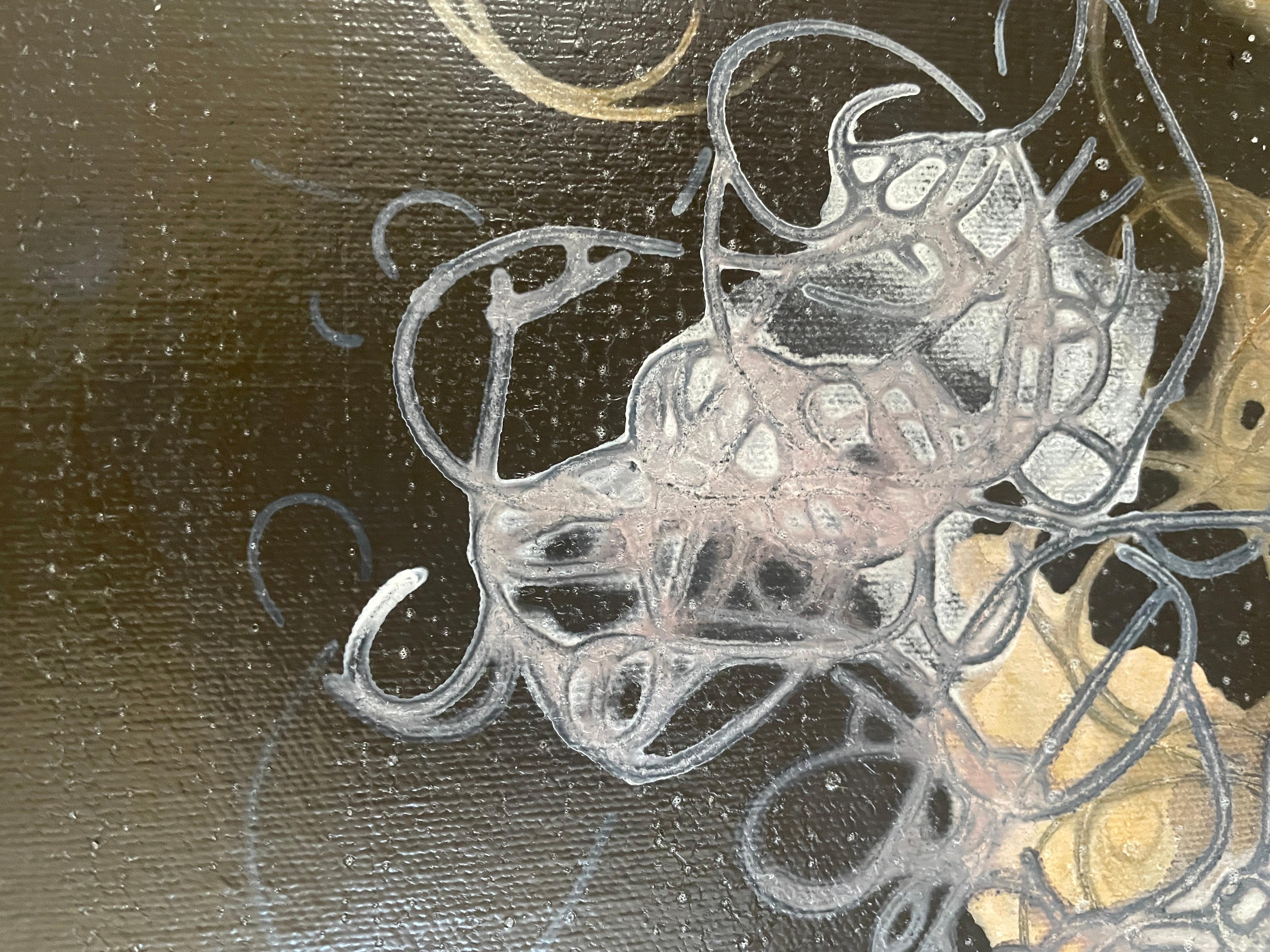 Dark Strings: large abstract multi-panel painting by Indian artist, black & gold For Sale 3