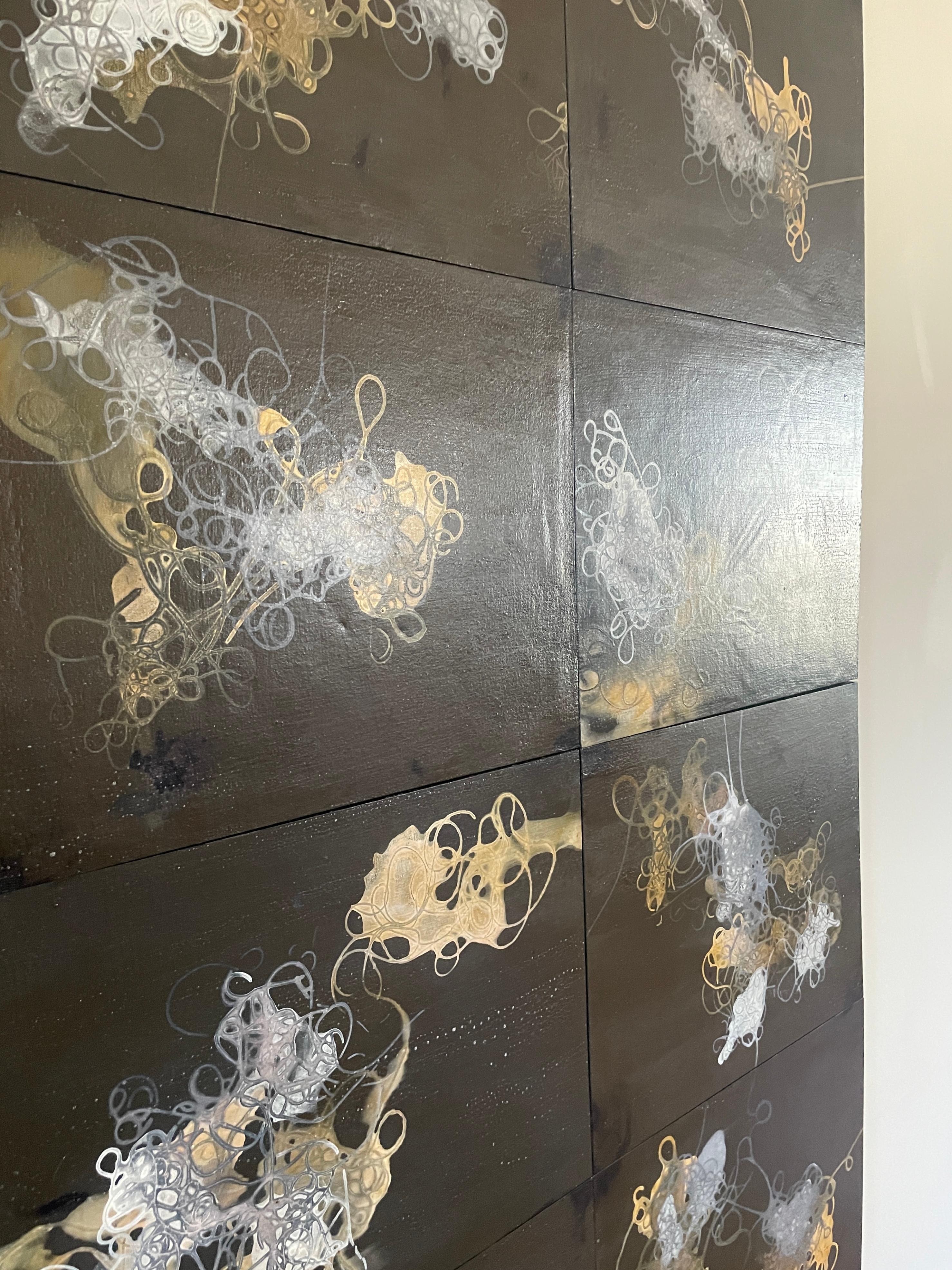 Dark Strings: large abstract multi-panel painting by Indian artist, black & gold For Sale 4