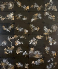 Cuerdas oscuras: gran cuadro abstracto de varios paneles de un artista indio, negro y dorado