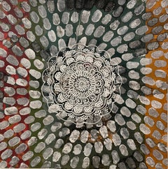 Indien #3: abstraktes Gemälde auf Papier in Erdtönen, rot, grün mit weißem Mandala