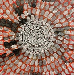 India #4: abstract painting on paper in earth tones & black w/ white mandala