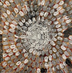 India #5: abstract painting on paper in earth tones & black w/ white mandala