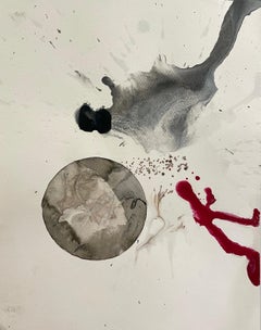 Rhythm Hut n°17 : peinture abstraite à l'encre sur papier en rouge et noir avec motif de lune