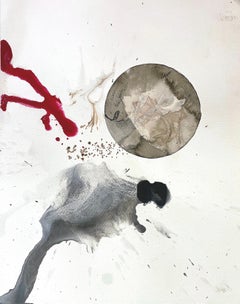 Rhythm Hut #17 : peinture abstraite encadrée à l'encre sur papier d'art en rouge et noir avec lune