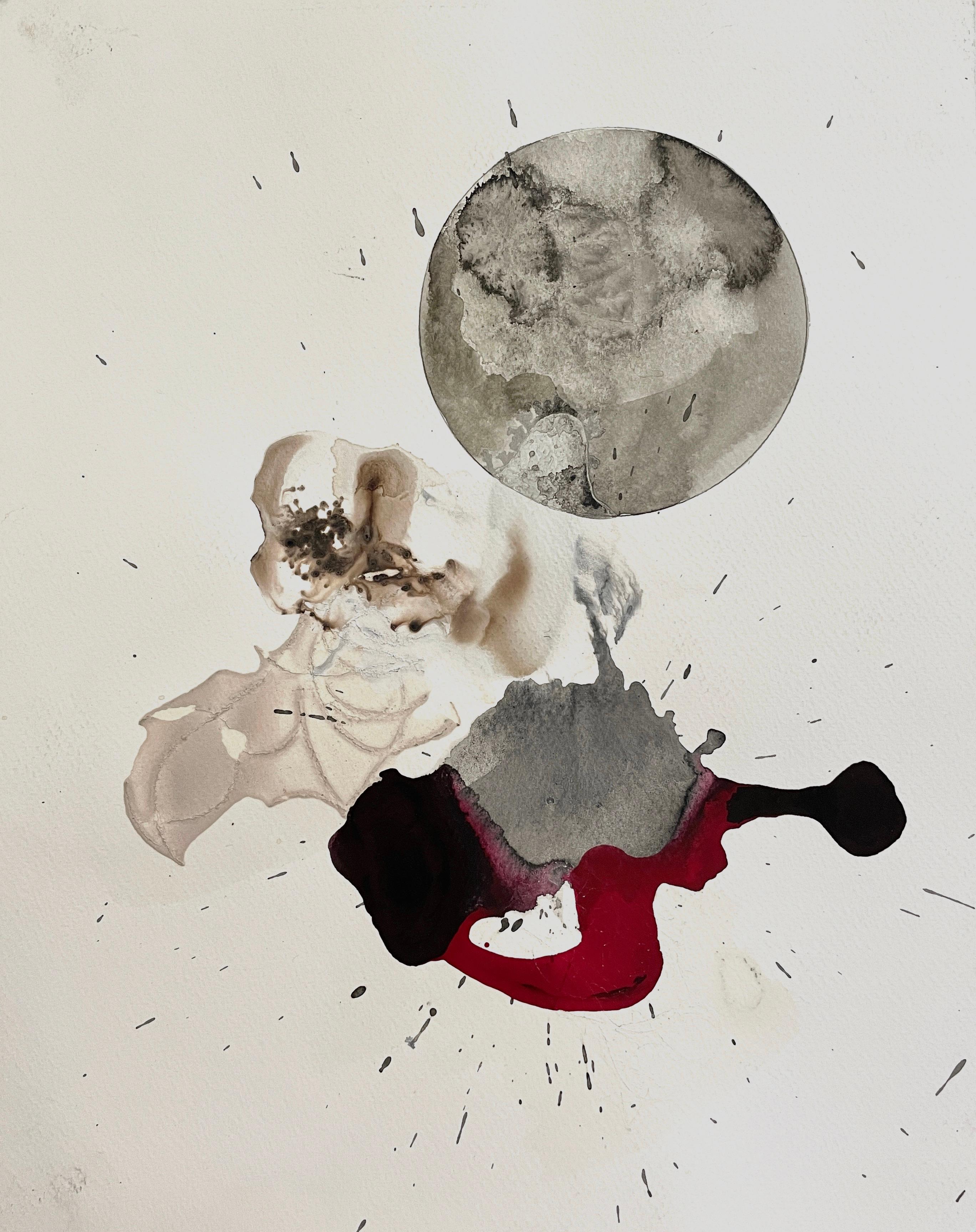 Rhythm Hut #20 : peinture abstraite à l'encre sur papier en rouge et noir avec motif de lune