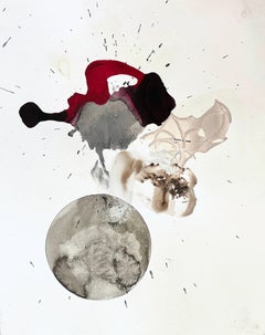 Rhythm Hut #20 : peinture abstraite encadrée à l'encre sur papier d'art en rouge et noir avec lune