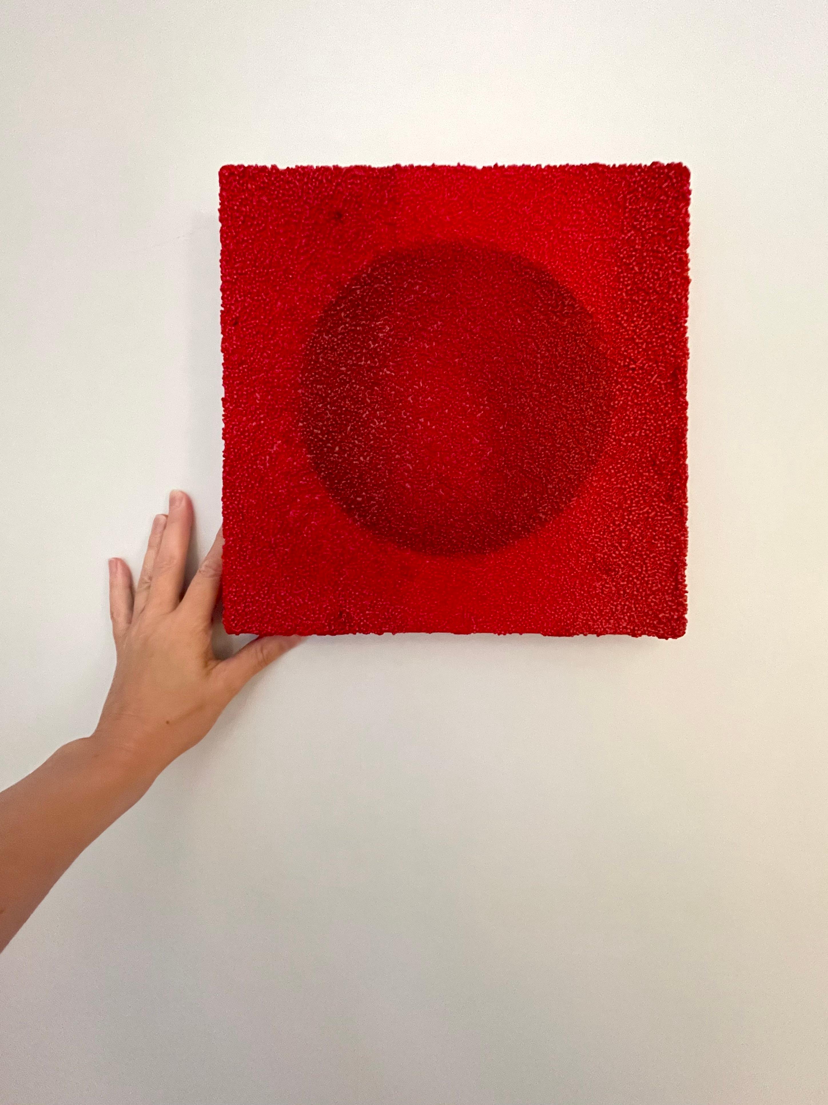 Tantra 45: minimalist abstract Pop Art mandala sculpture painting, red circles - Red Abstract Sculpture by Antonio Puri