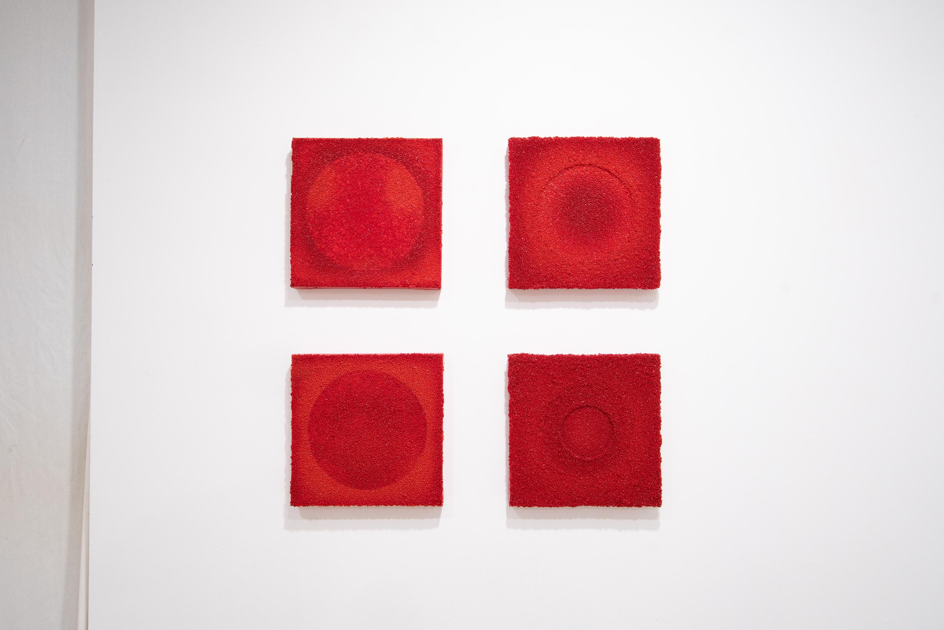 Tantra 67: minimalist abstract spiritual mandala sculpture painting, red circles - Red Abstract Sculpture by Antonio Puri