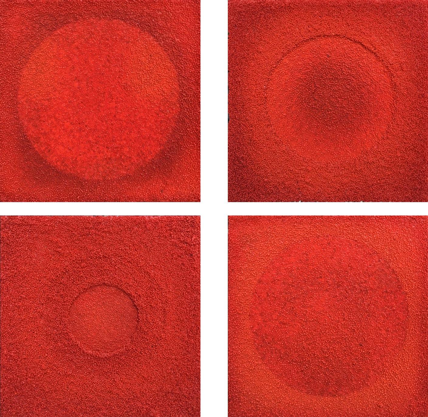 Antonio Puri Abstract Sculpture - Tantra series: suite of 4 red minimalist mandala wall sculptures / paintings