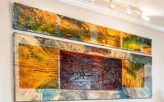 Tenth Door: large abstract painting; Indian artist, Buddhism inspired, blue gold