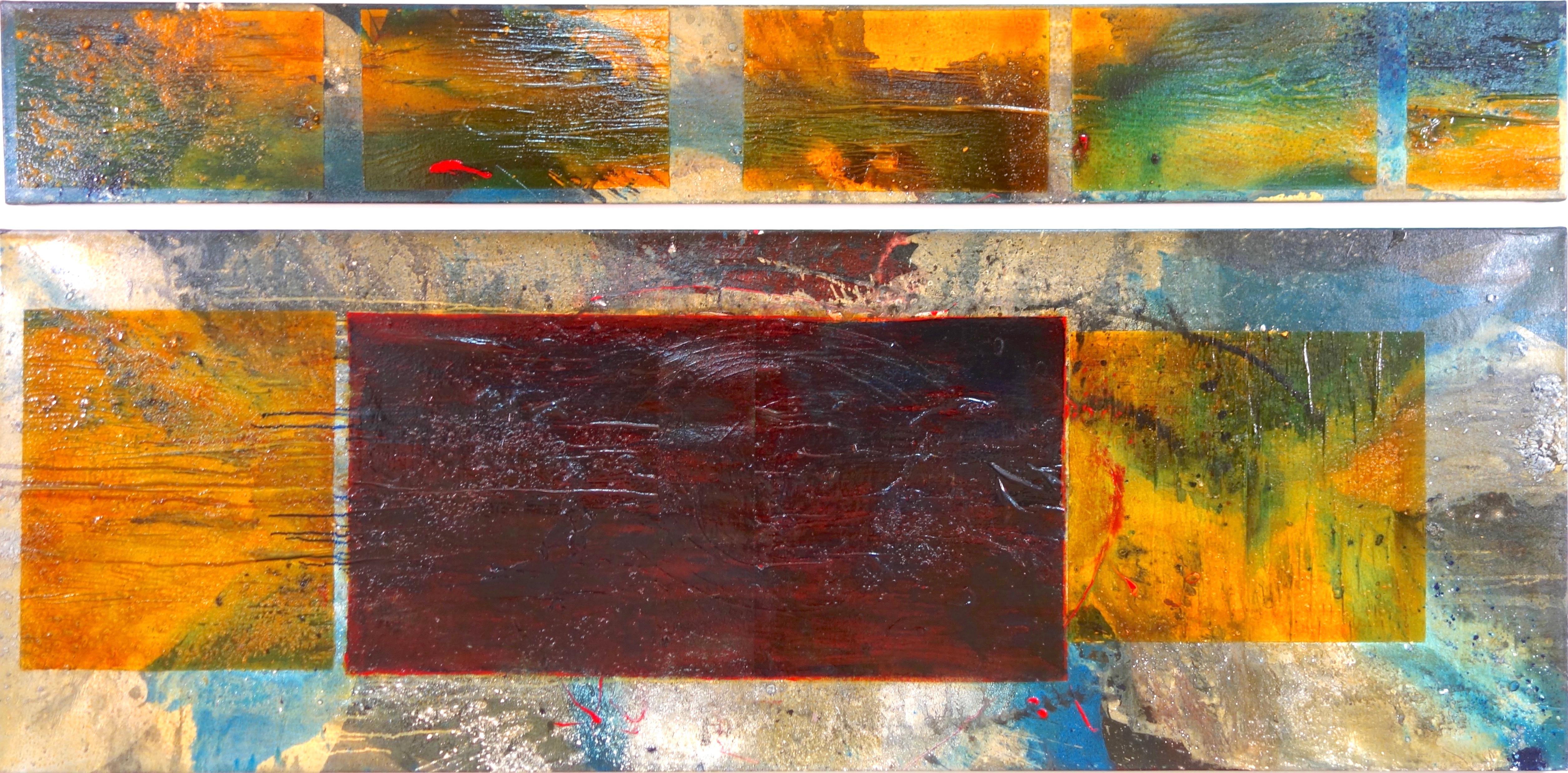 Figurative Painting Antonio Puri - Tenth Door : grande peinture abstraite, artiste indien, inspiré du bouddhisme, or bleu