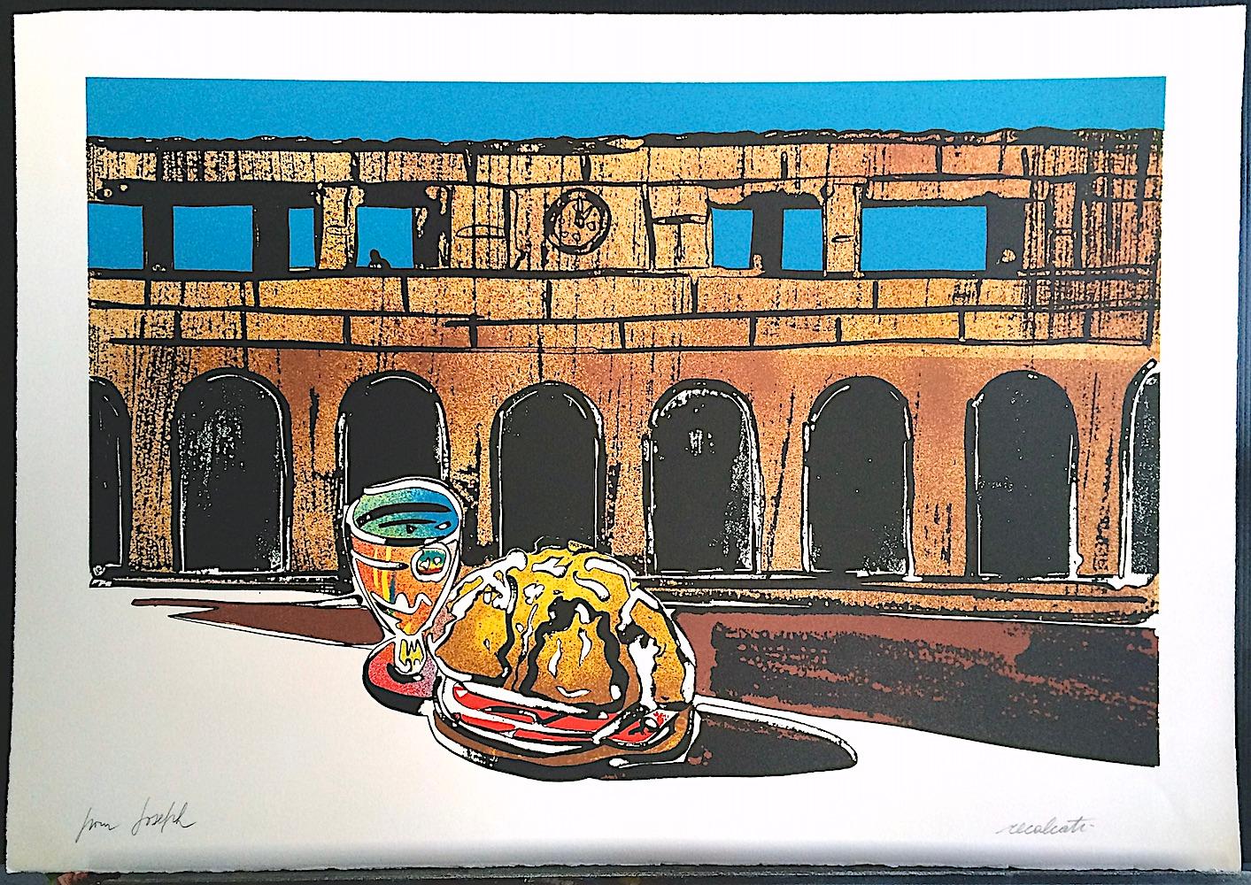 HOMAGE TO DE CHIRICO is an original, hand drawn, stone lithograph by the Italian artist Antonio Recalcati (1938-2022) printed in Paris France c. 1973 using hand lithography techniques on archival printmaking paper, 100% acid free. HOMAGE TO DE