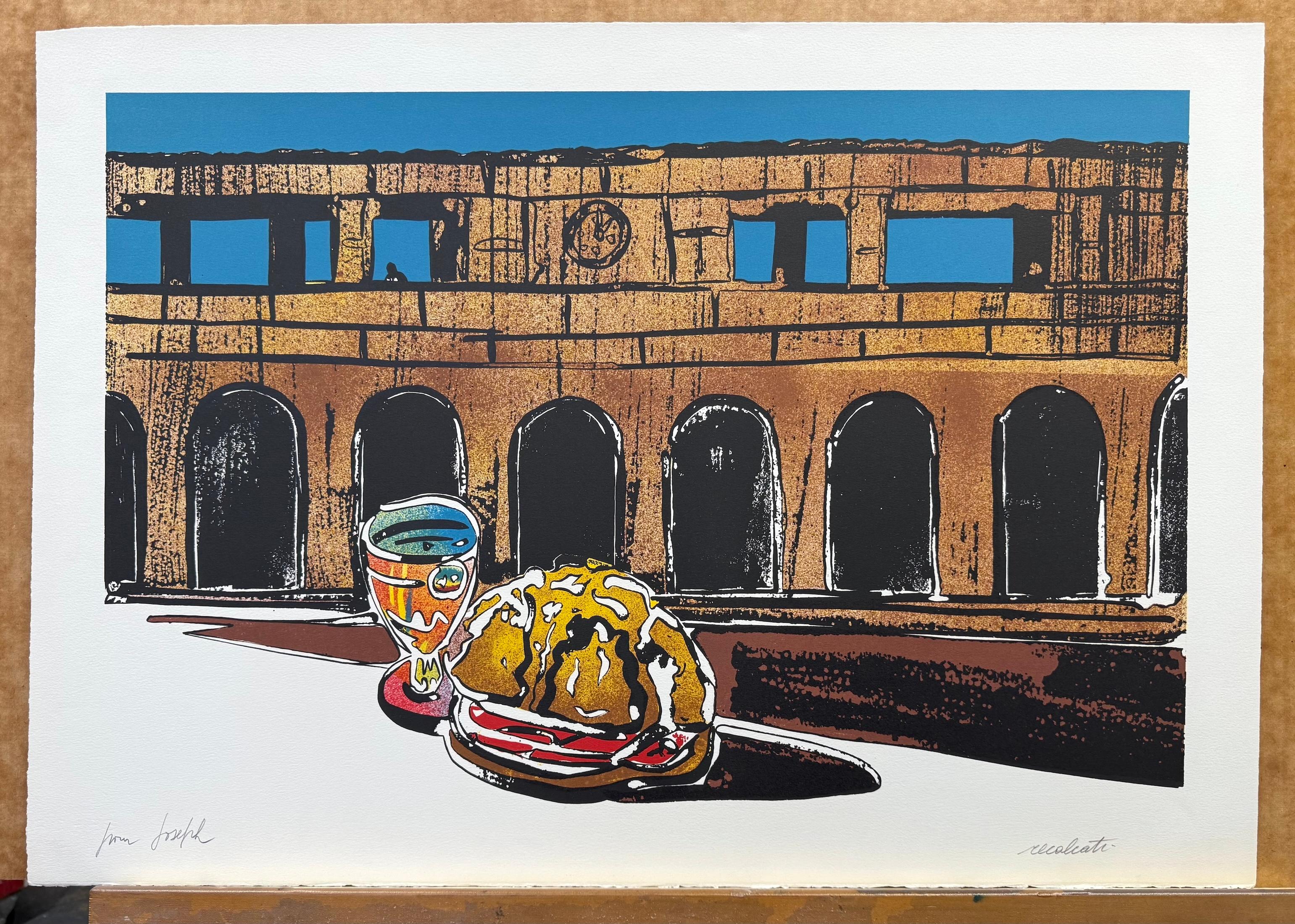 HOMAGE TO DE CHIRICO Signed Lithograph, Surreal Landscape, Archeology, Sandwich For Sale 5