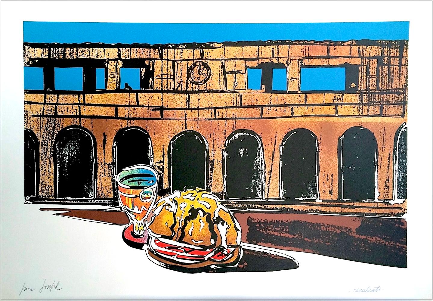HOMENAJE A DE CHIRICO Litografía firmada, Paisaje surrealista, Arqueología, Bocadillo