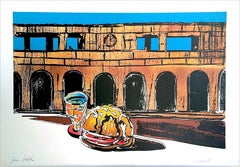 HOMAGE TO DE CHIRICO Signed Lithograph, Surreal Landscape, Archeology, Sandwich
