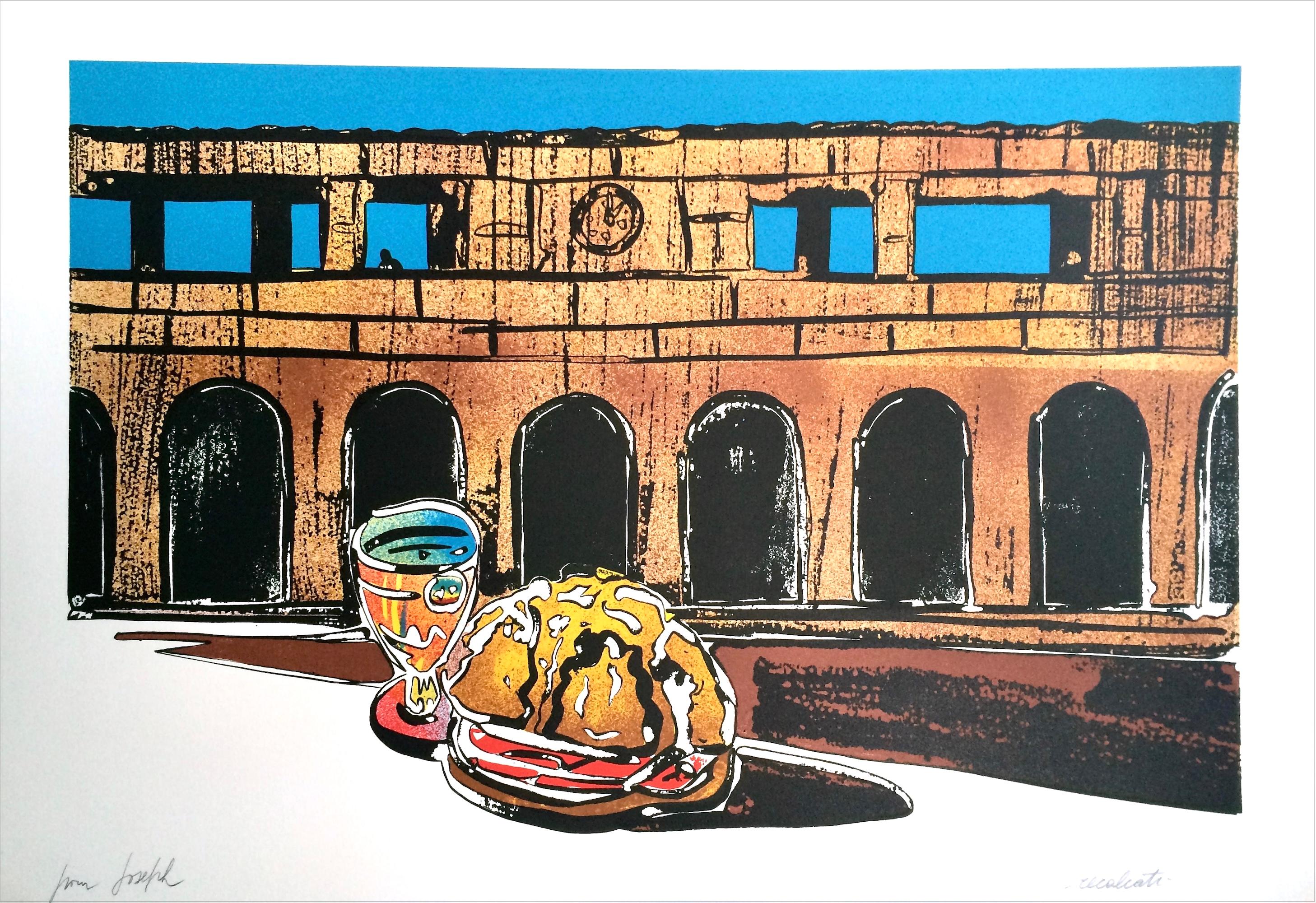 HOMAGE TO DE CHIRICO Signed Lithograph, Surreal Landscape, Archeology, Sandwich