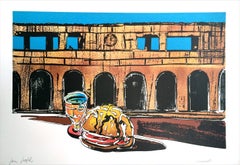 HOMAGE TO DE CHIRICO Signierte Lithographie, Surreale Landschaft, Archäologie, Sandwich