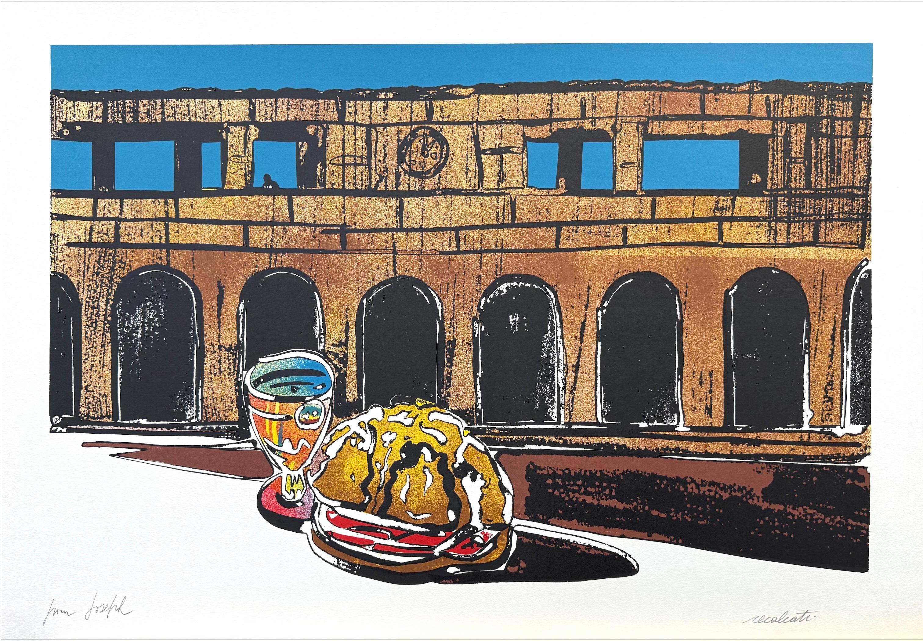 Antonio Recalcati Still-Life Print - HOMAGE TO DE CHIRICO Signed Lithograph, Surreal Landscape, Archeology, Sandwich