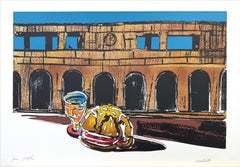 antonio chirico OMAGGIO A DE CHIRICO Litografia firmata, Paesaggio surreale, Archeologia, Sandwich