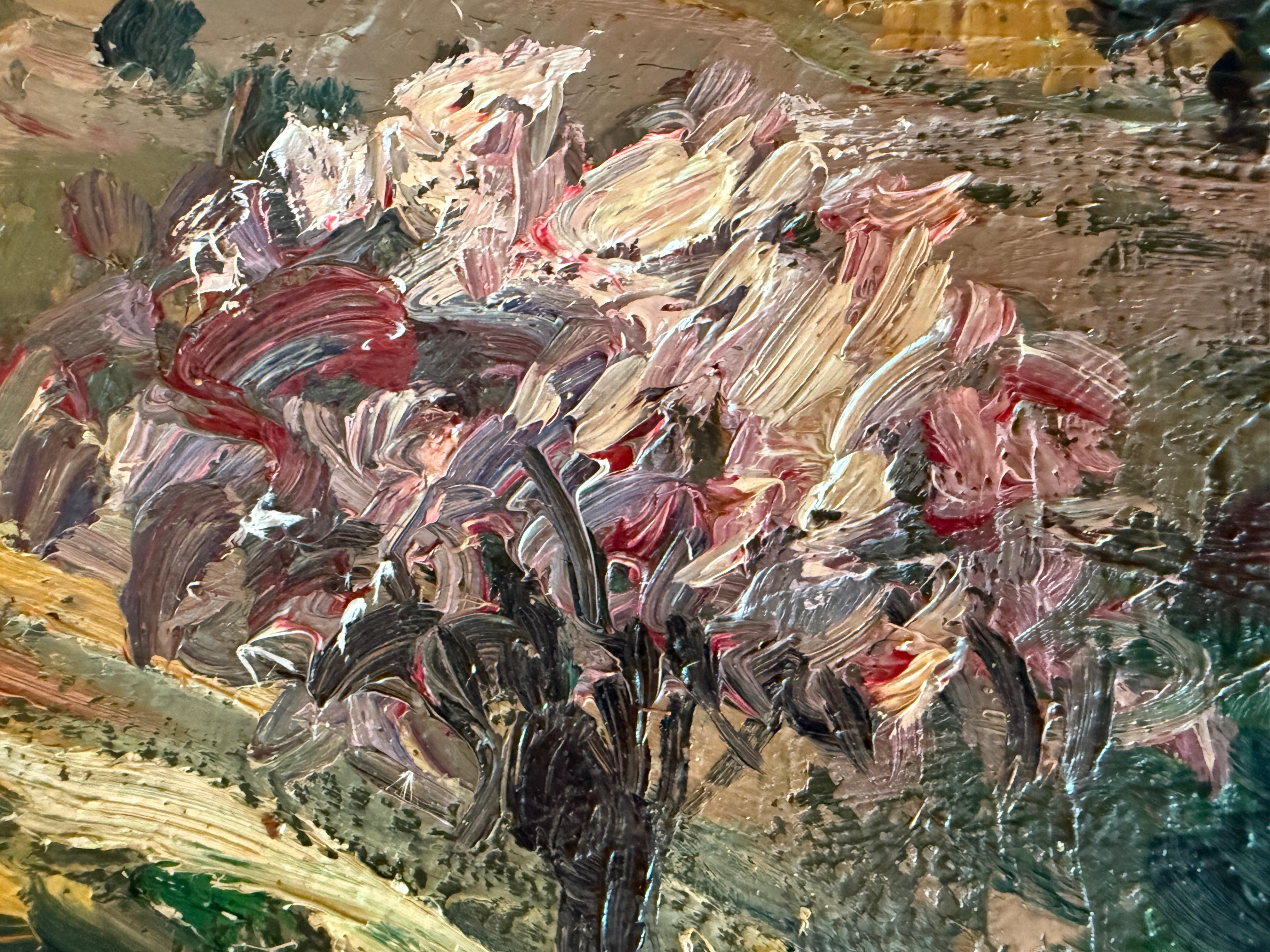 Landscape with Almond Trees in Bloom oil on canvas painting spanish landscape - Post-Impressionist Painting by Antonio Reverte