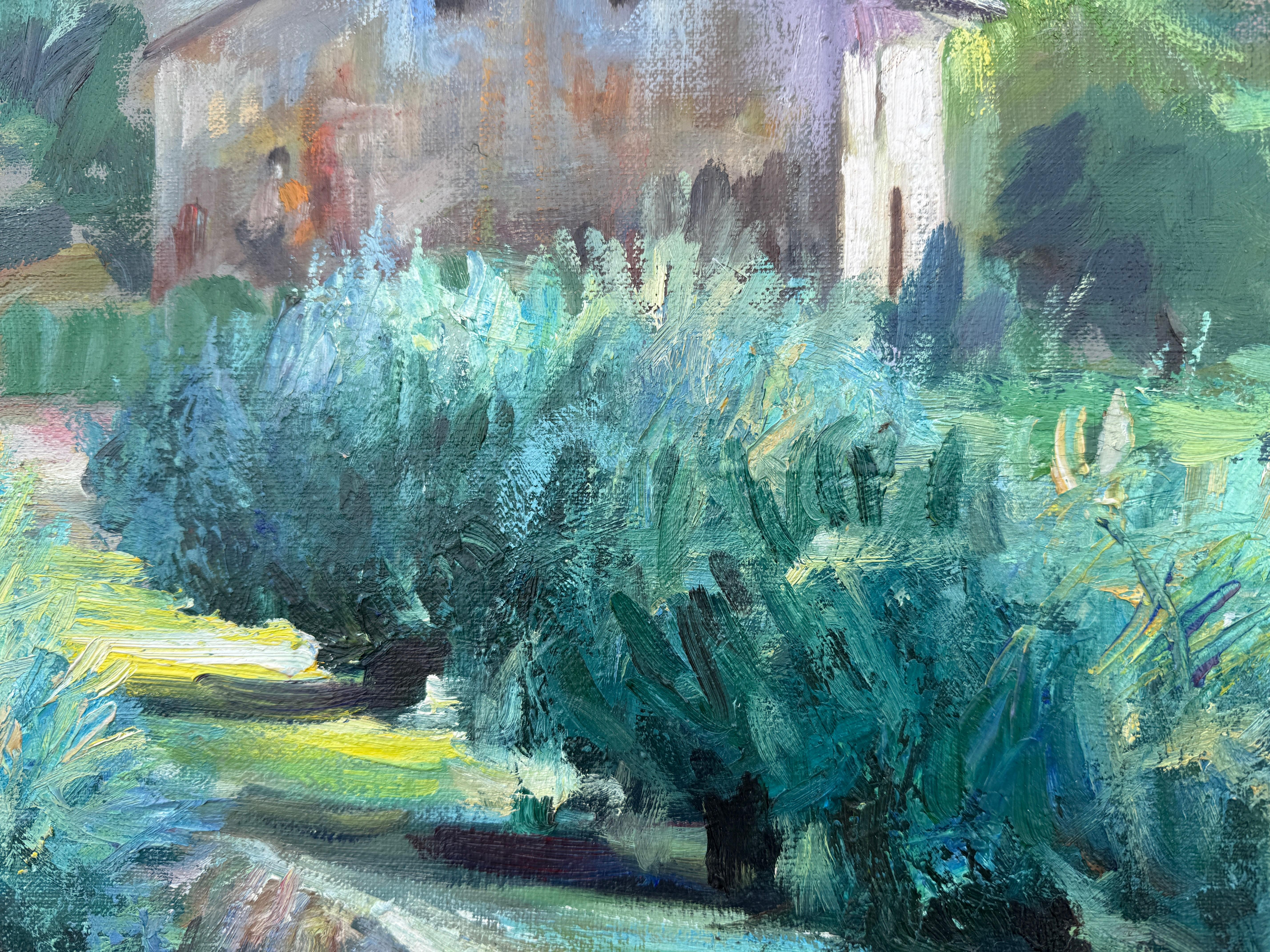 View of Village with Olive Groves and Mountains mediterranean landscape Spain - Post-impressionnisme Painting par Antonio Reverte