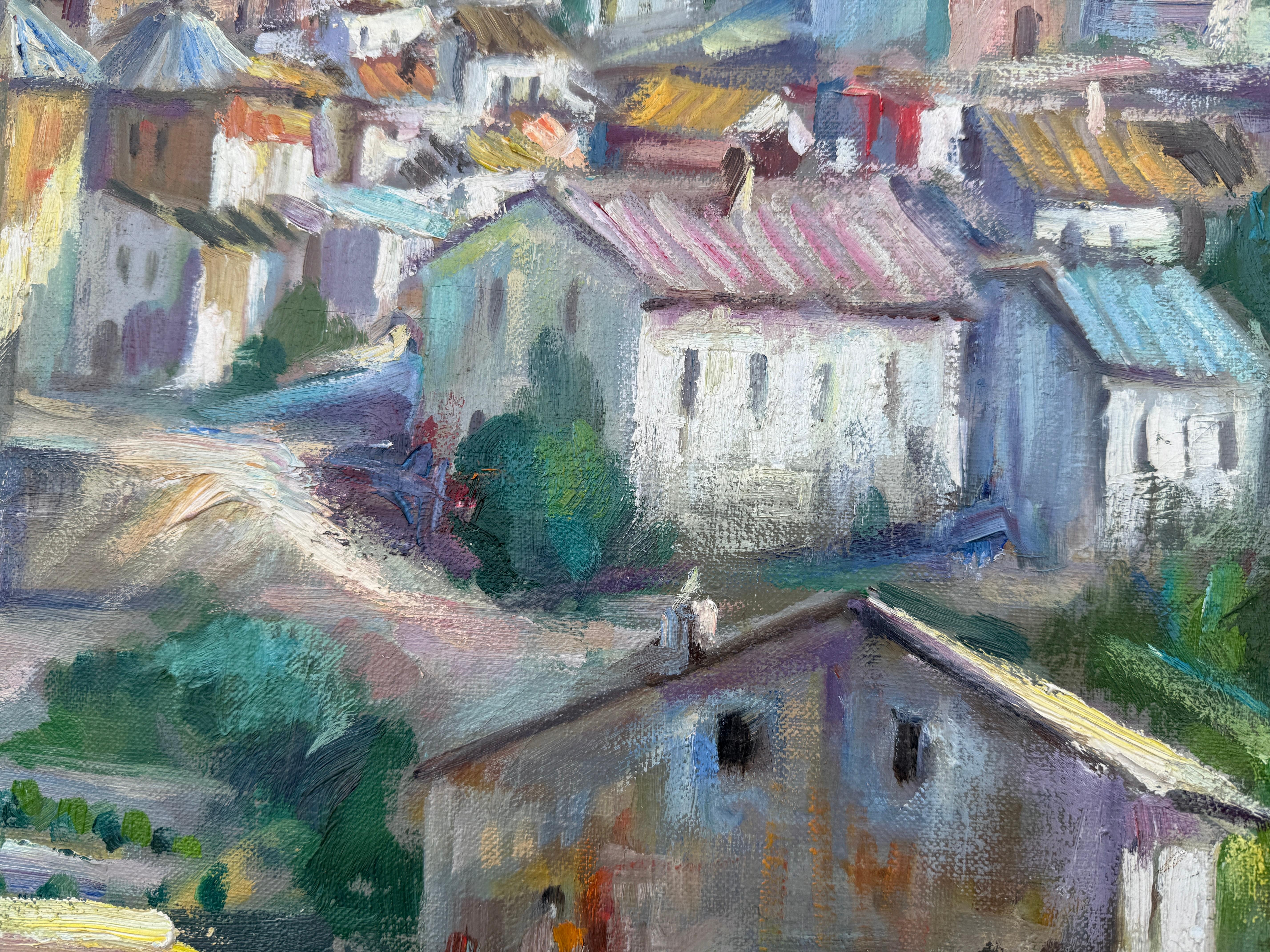 View of Village with Olive Groves and Mountains mediterranean landscape Spain - Gris Landscape Painting par Antonio Reverte