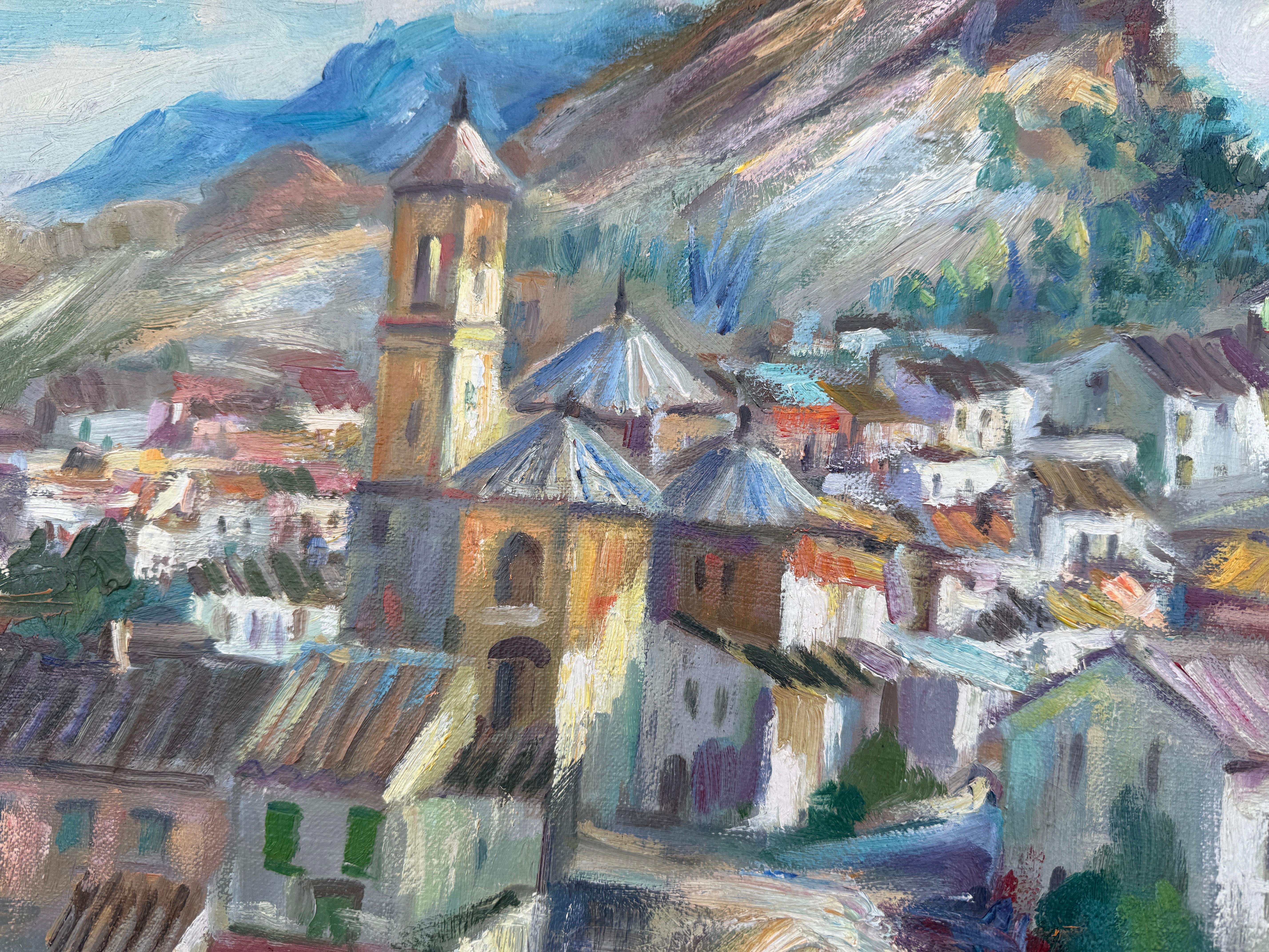Title: View of Village with Olive Groves and Mountains

Artist: Antonio Reverte Oliva (Monteagudo, Murcia, 1943 – Gavà, Barcelona, 2014)

Medium: Oil on canvas

Dimensions: 73 x 92 cm (approx. 28.7 x 36.2 in)

Support: Unframed canvas

Period:
