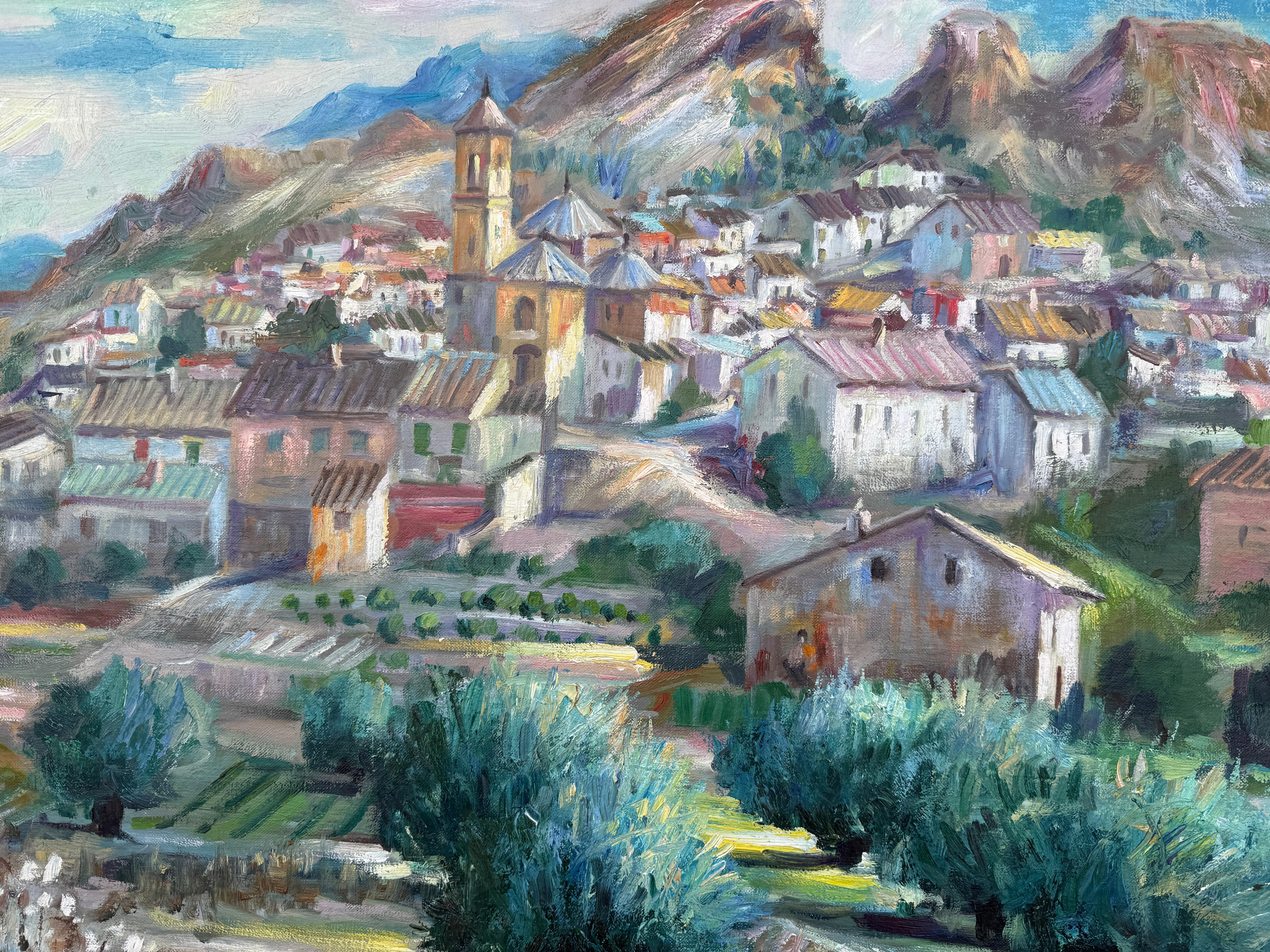 View of Village with Olive Groves and Mountains mediterranean landscape Spain en vente 2
