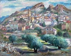 View of Village with Olive Groves and Mountains mediterranean landscape Spain