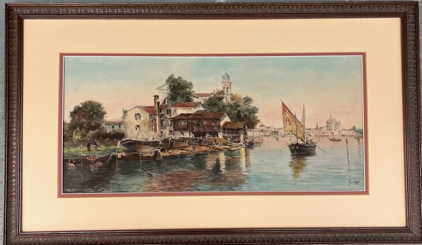 Antonio Reyna Manescau, Squero San Trovaso, Venice, Watercolor circa 1890. For Sale 2